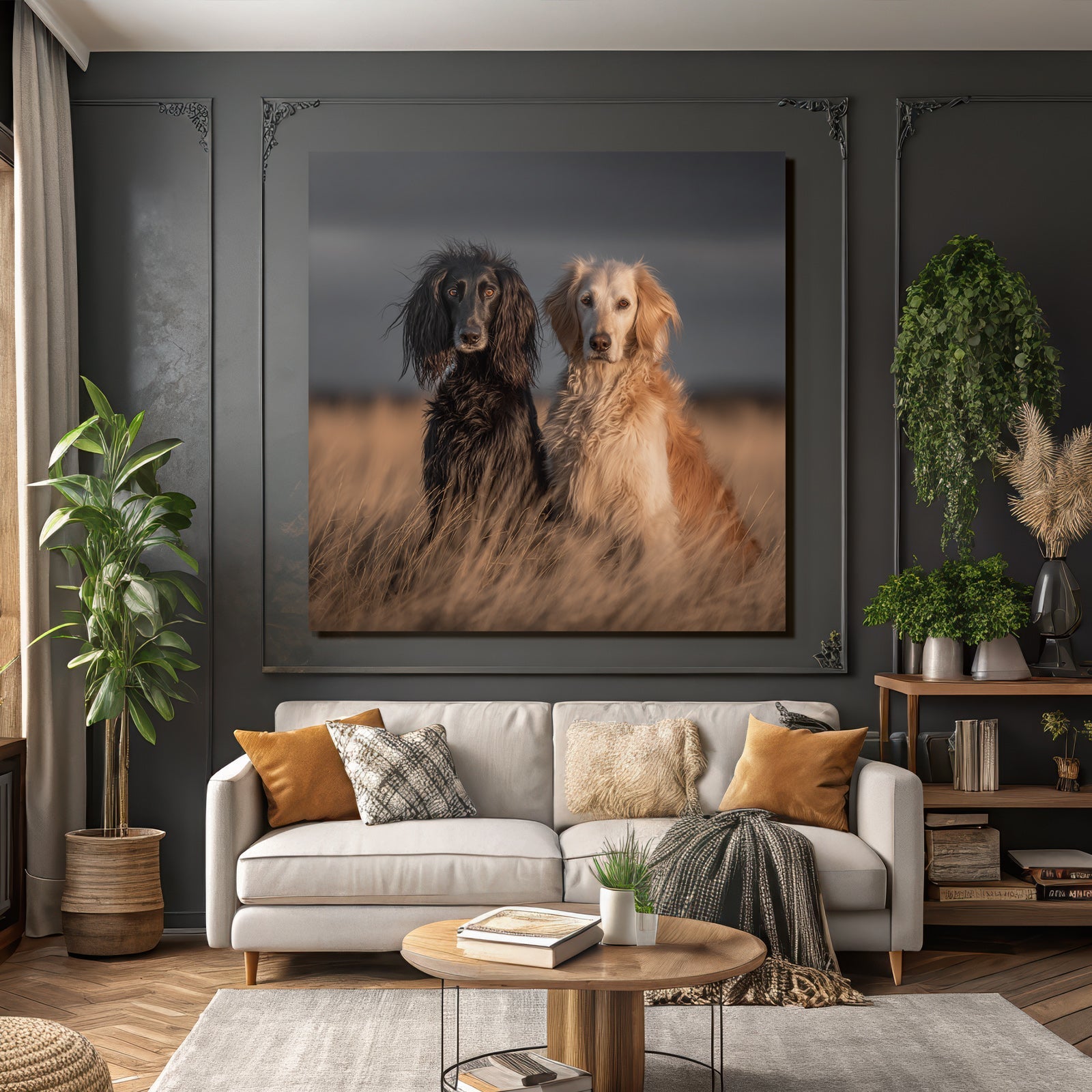 Schwarzer Hund Mit Langem Fell Und Goldener Hund Im Feld