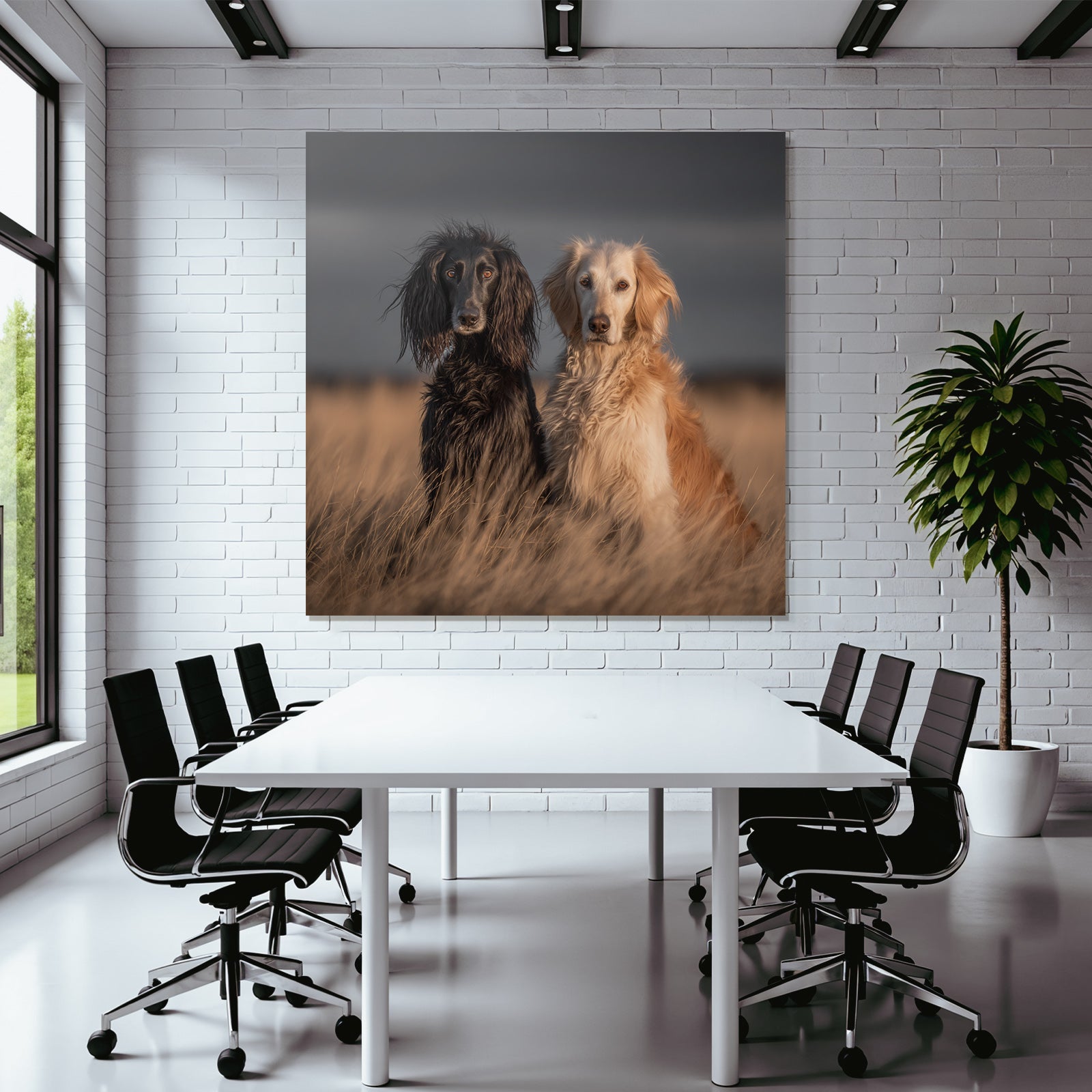 Schwarzer Hund Mit Langem Fell Und Goldener Hund Im Feld