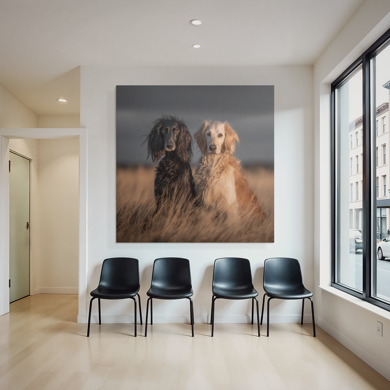 Schwarzer Hund Mit Langem Fell Und Goldener Hund Im Feld