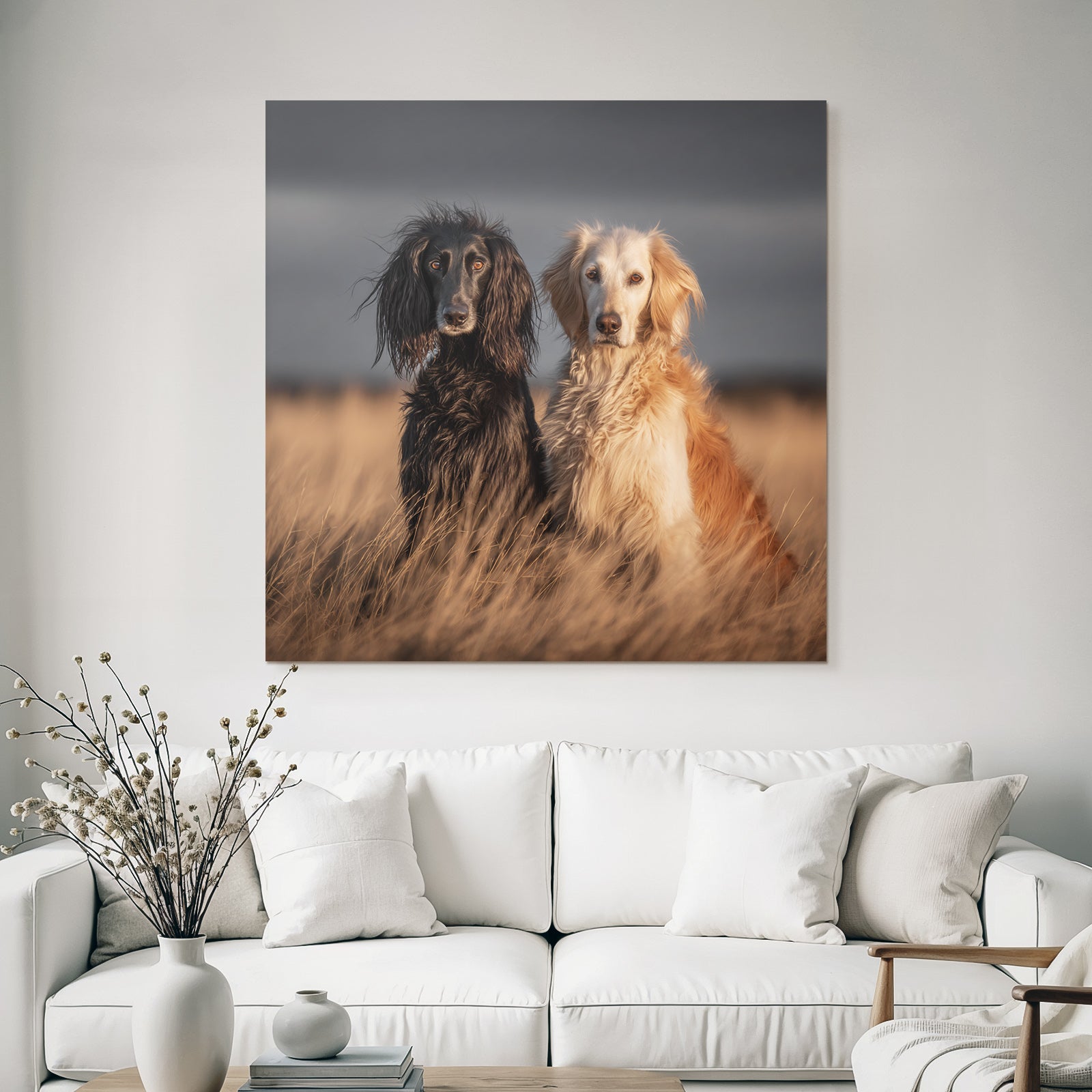 Schwarzer Hund Mit Langem Fell Und Goldener Hund Im Feld