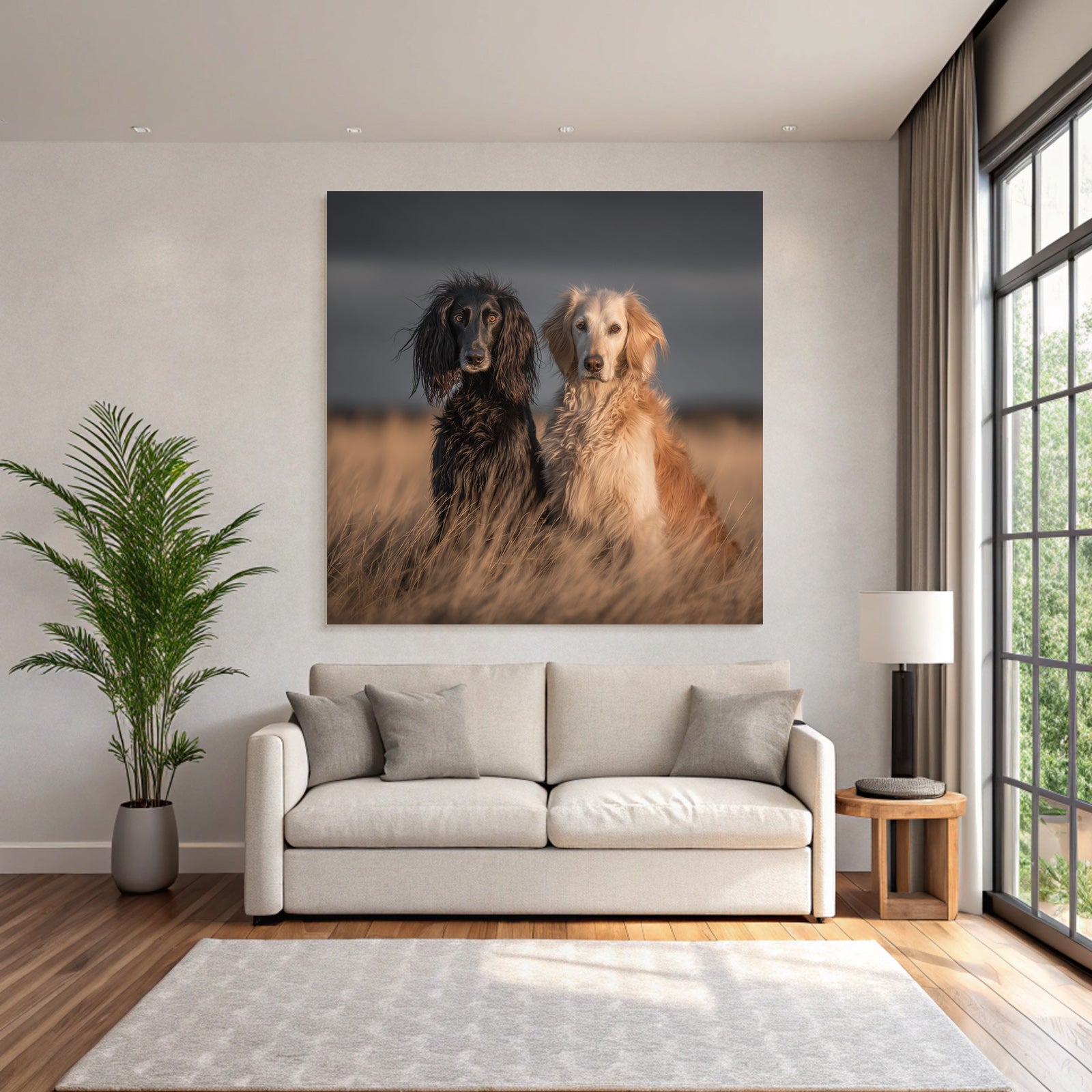 Schwarzer Hund Mit Langem Fell Und Goldener Hund Im Feld