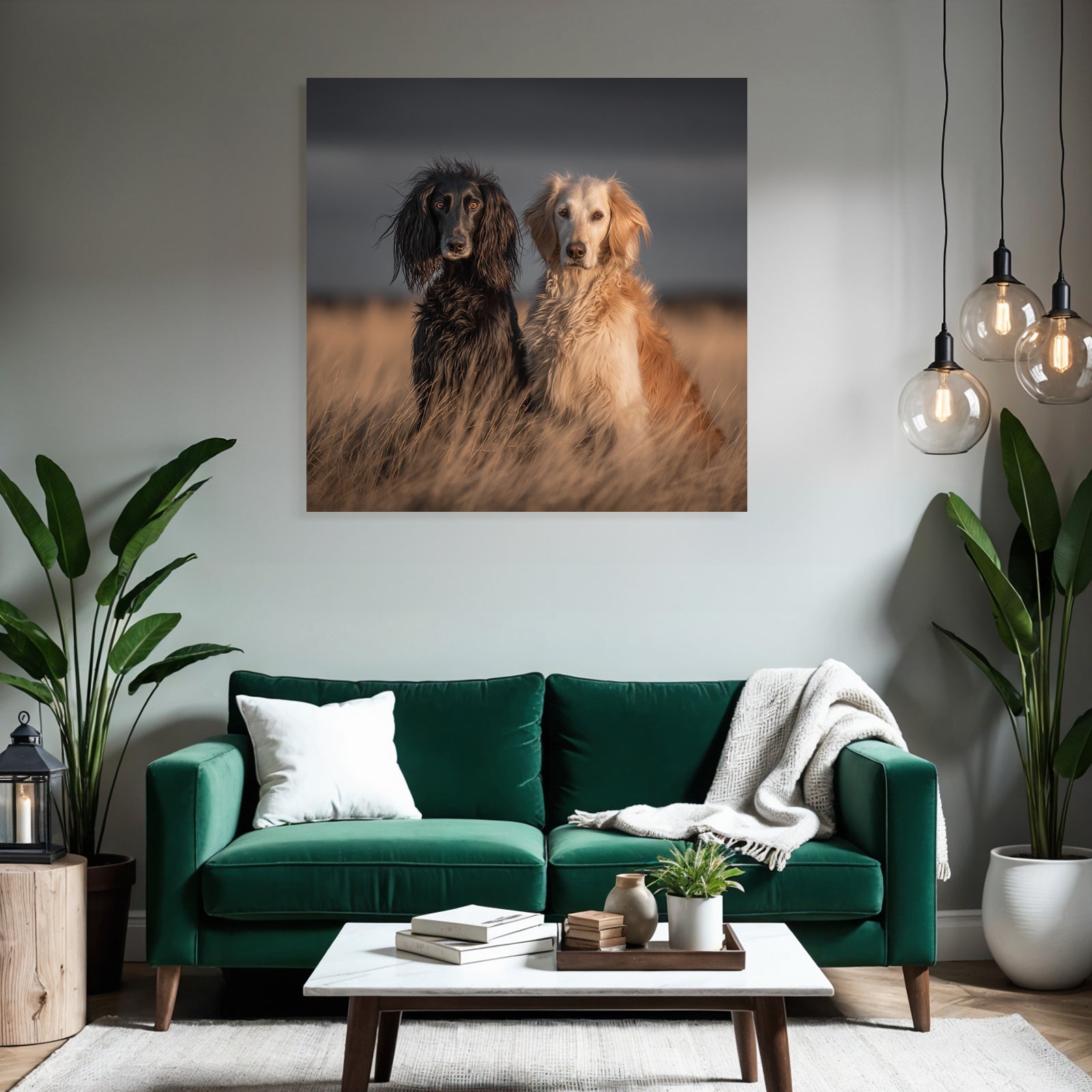 Schwarzer Hund Mit Langem Fell Und Goldener Hund Im Feld