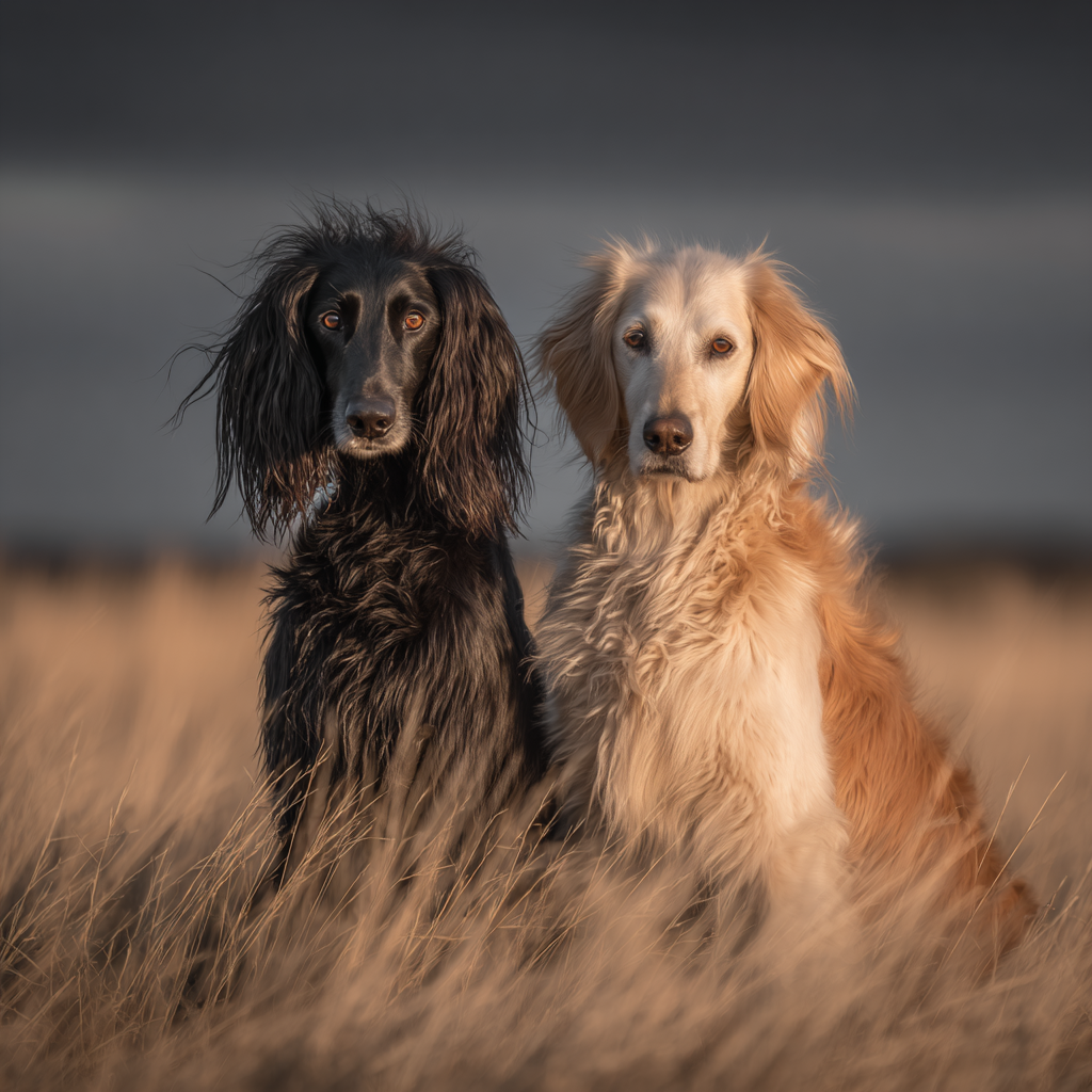 Schwarzer Hund Mit Langem Fell Und Goldener Hund Im Feld | Katzen und Hunde | Tiere