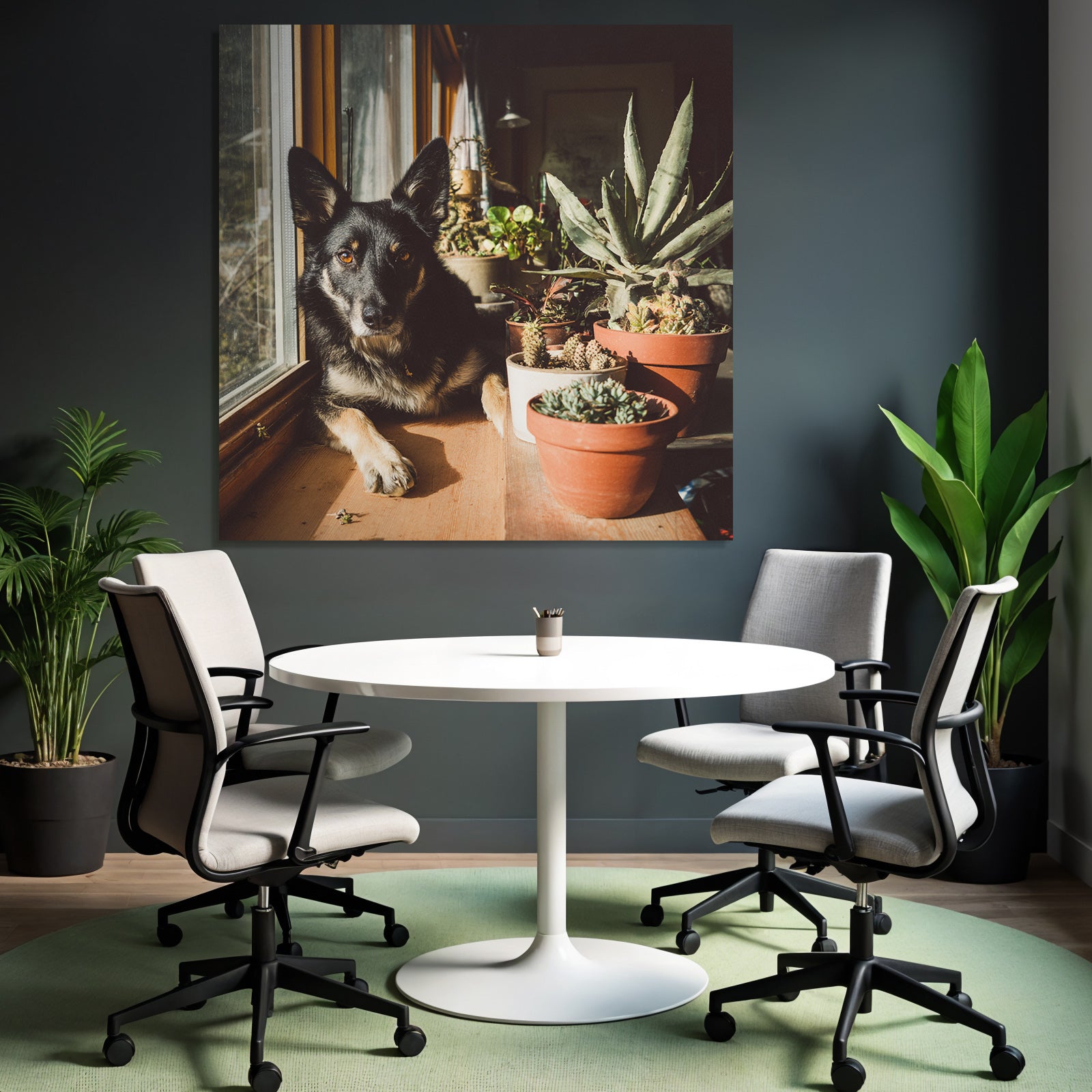 Schwarzer Hund Mit Spitzen Ohren Am Fenster Mit Topfpflanzen Im Sonnenlicht