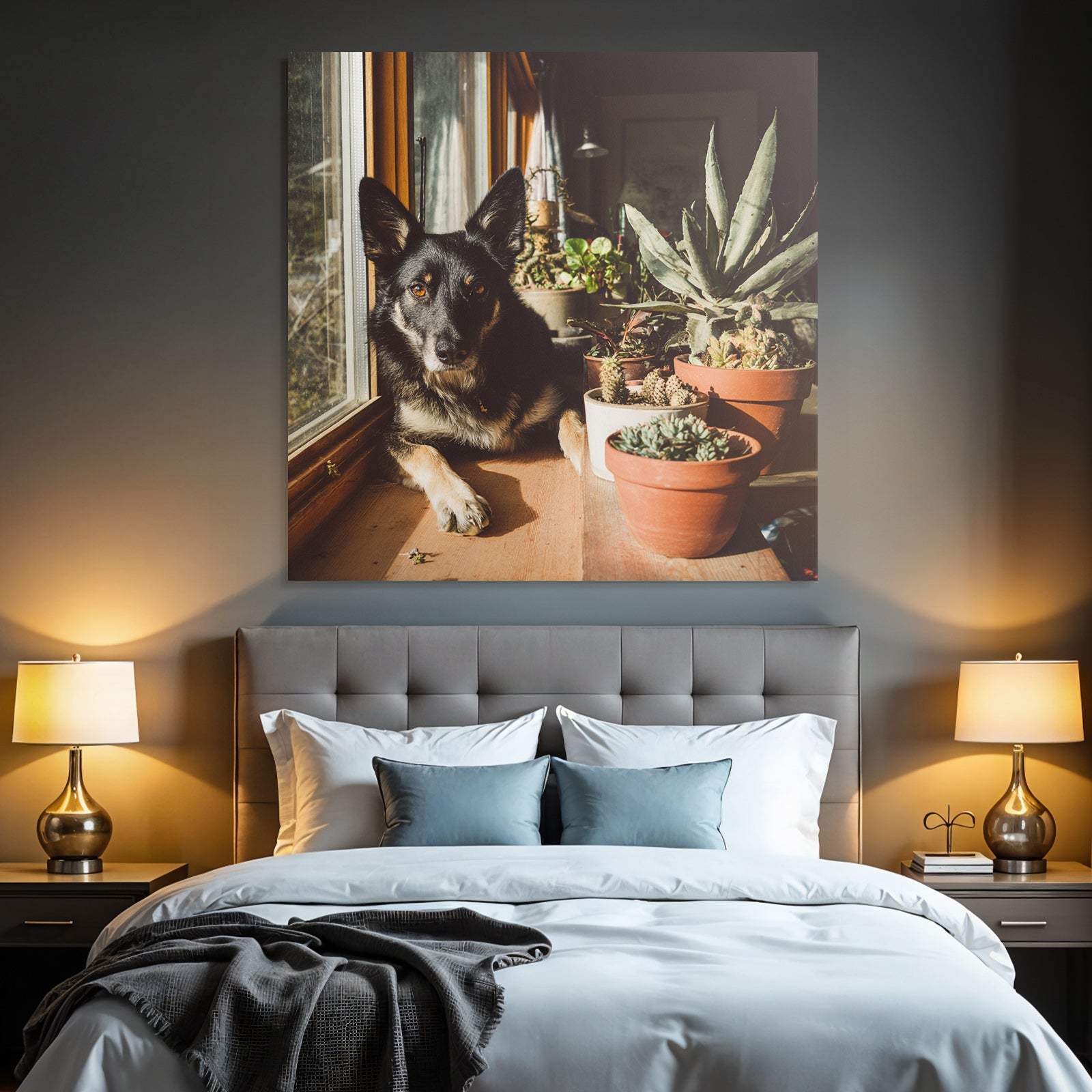 Schwarzer Hund Mit Spitzen Ohren Am Fenster Mit Topfpflanzen Im Sonnenlicht