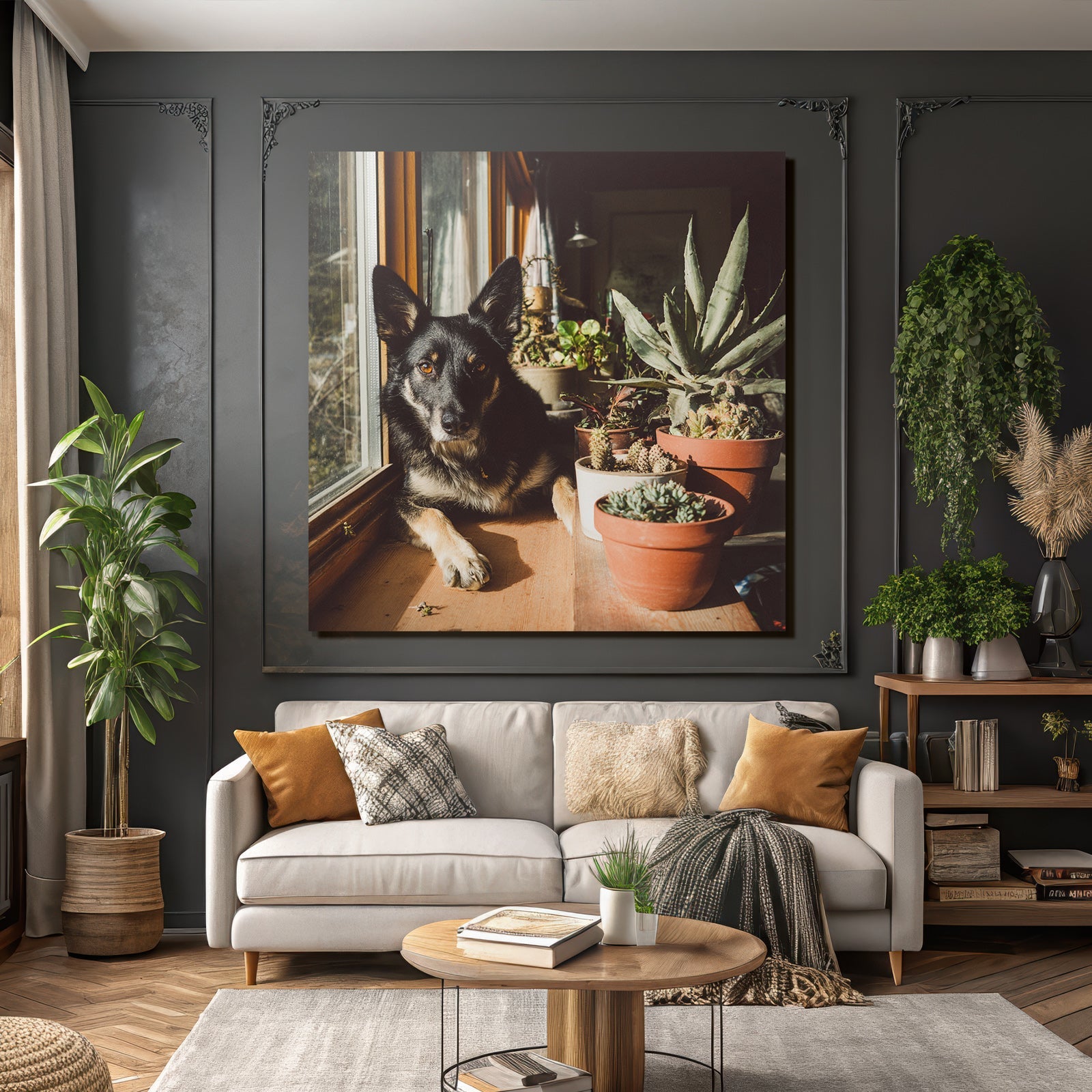 Schwarzer Hund Mit Spitzen Ohren Am Fenster Mit Topfpflanzen Im Sonnenlicht