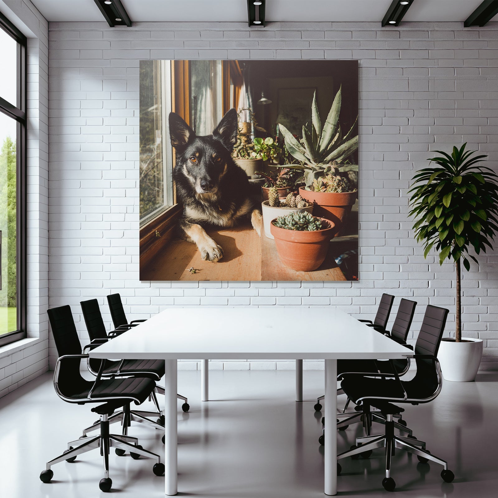 Schwarzer Hund Mit Spitzen Ohren Am Fenster Mit Topfpflanzen Im Sonnenlicht