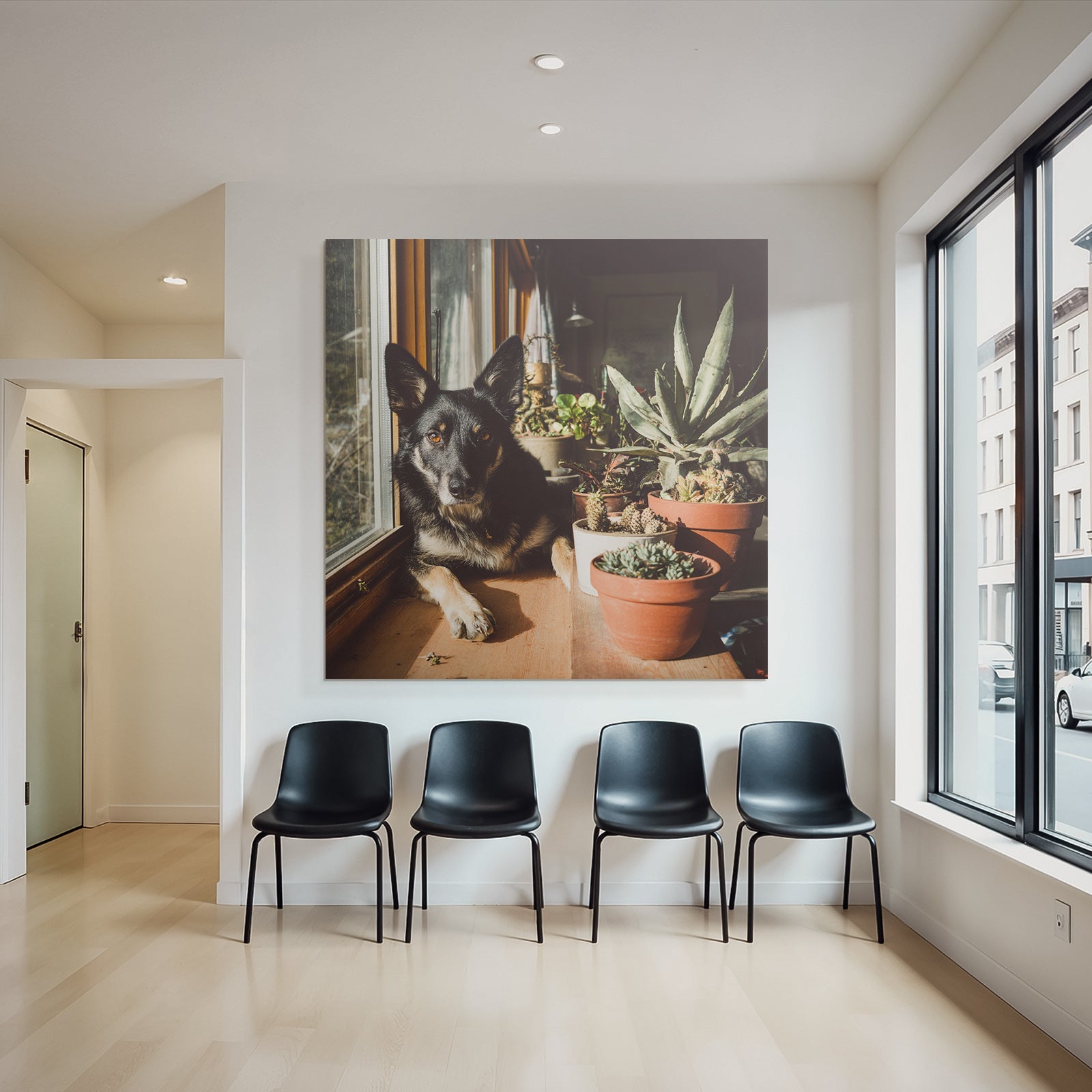 Schwarzer Hund Mit Spitzen Ohren Am Fenster Mit Topfpflanzen Im Sonnenlicht