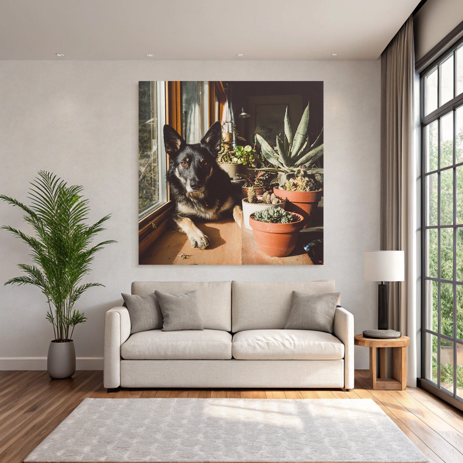 Schwarzer Hund Mit Spitzen Ohren Am Fenster Mit Topfpflanzen Im Sonnenlicht