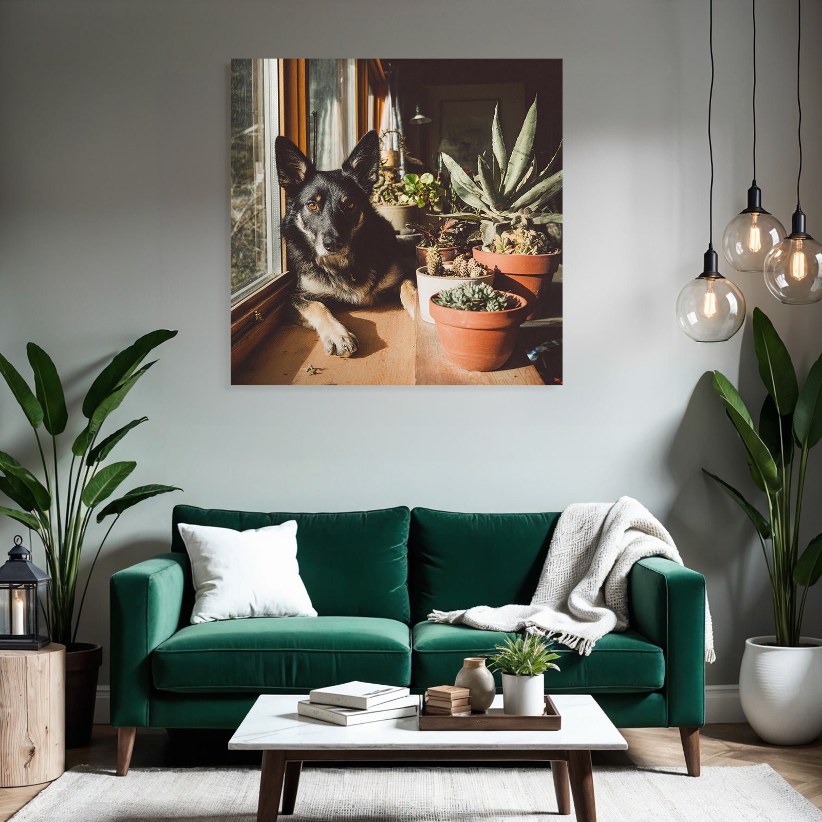 Schwarzer Hund Mit Spitzen Ohren Am Fenster Mit Topfpflanzen Im Sonnenlicht