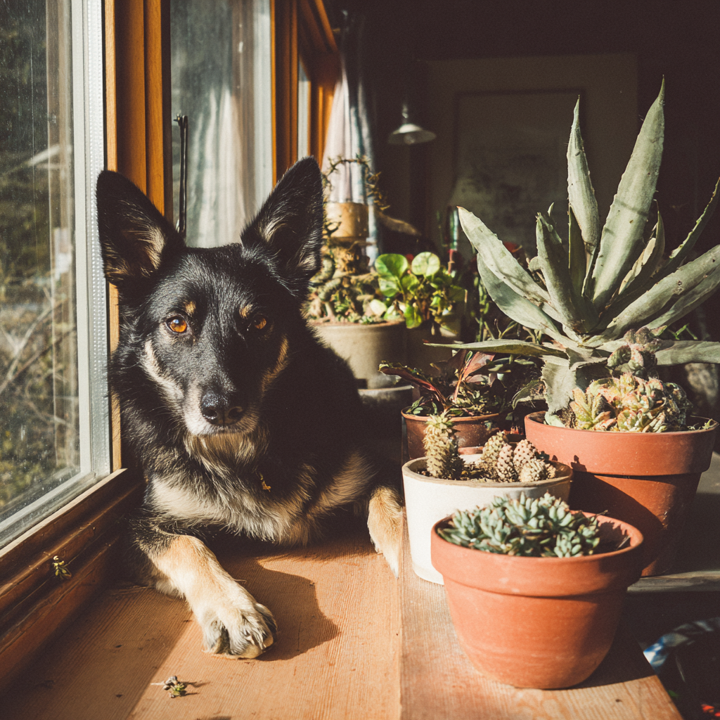 Schwarzer Hund Mit Spitzen Ohren Am Fenster Mit Topfpflanzen Im Sonnenlicht | Katzen und Hunde | Tiere