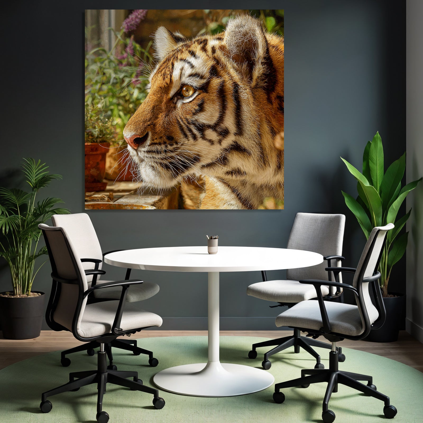 Tiger Porträt Mit Streifen Und Grünen Pflanzen
