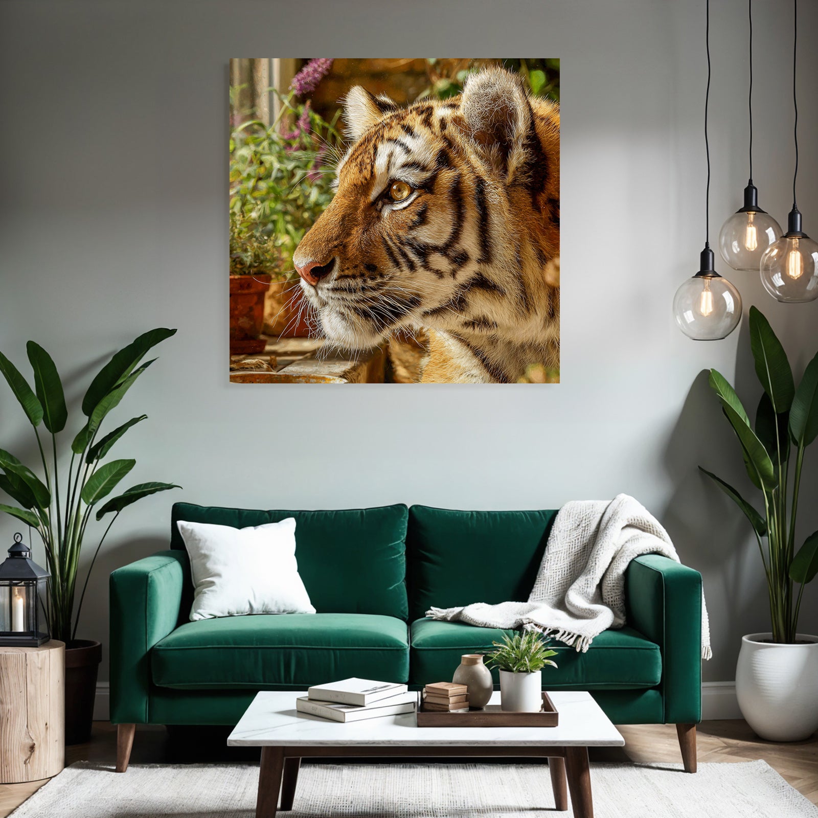 Tiger Porträt Mit Streifen Und Grünen Pflanzen