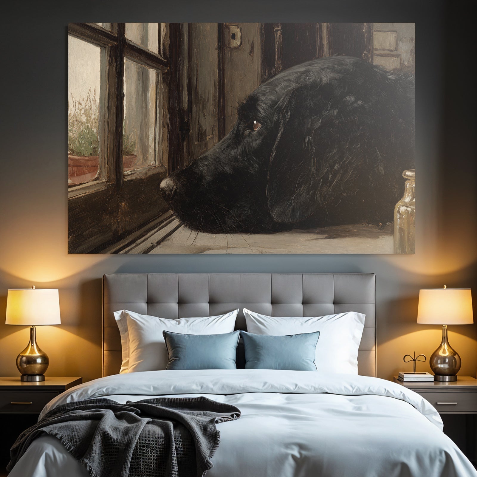 Schwarzer Hund Am Fenster Nachdenklich Und Ruhend