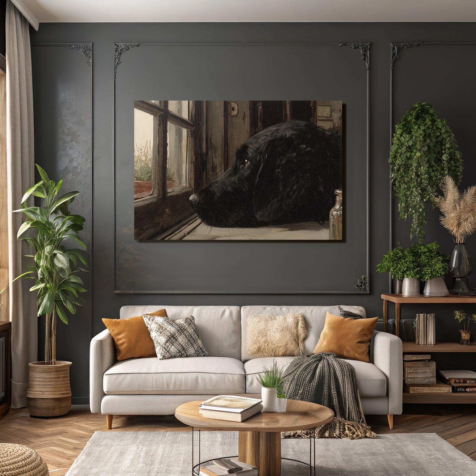 Schwarzer Hund Am Fenster Nachdenklich Und Ruhend