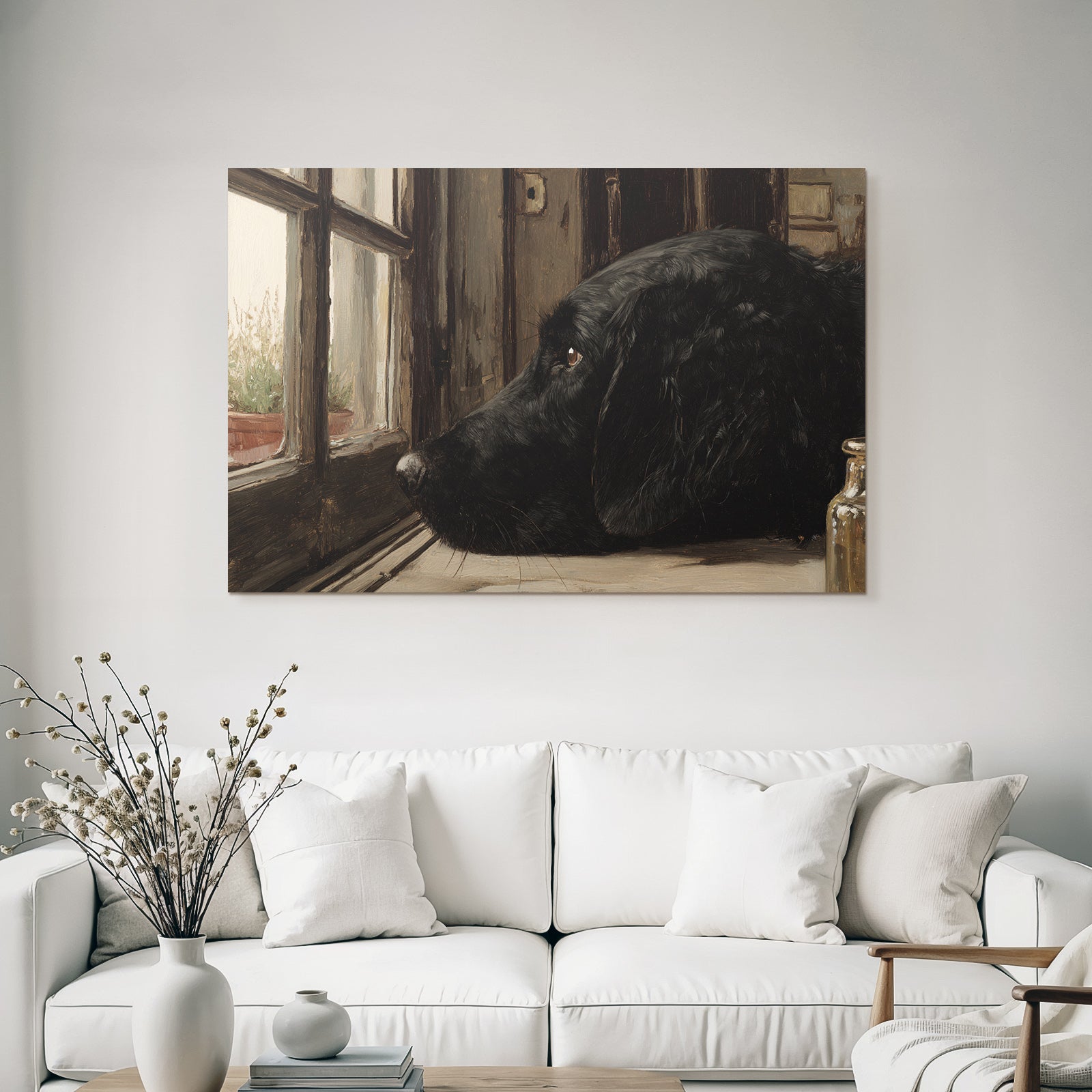 Schwarzer Hund Am Fenster Nachdenklich Und Ruhend