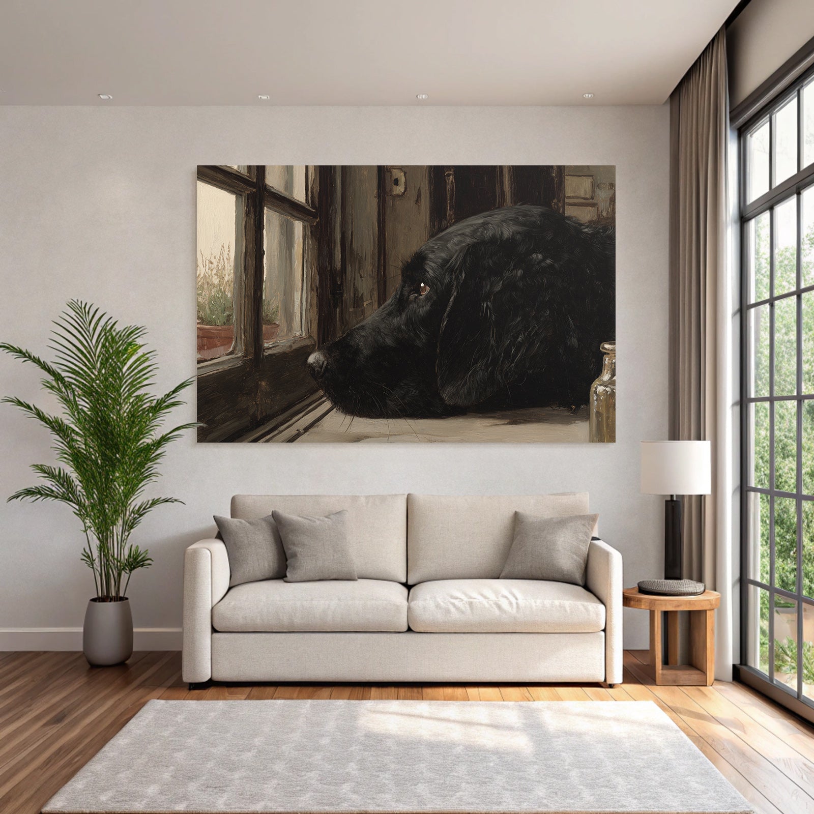 Schwarzer Hund Am Fenster Nachdenklich Und Ruhend