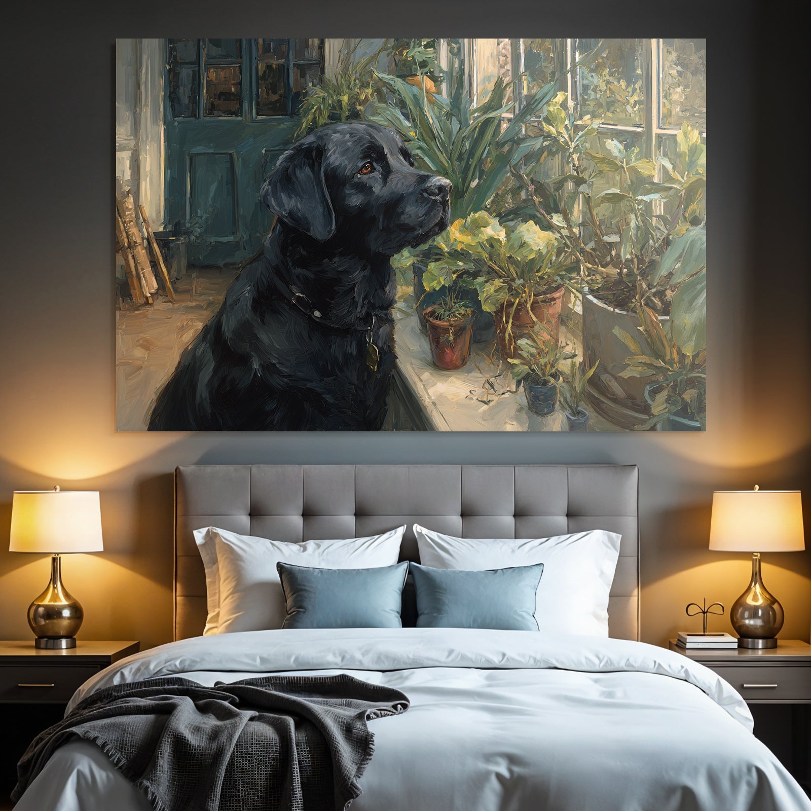 Schwarzer Hund Labrador Am Fenster Mit Innenpflanzen Ölgemälde