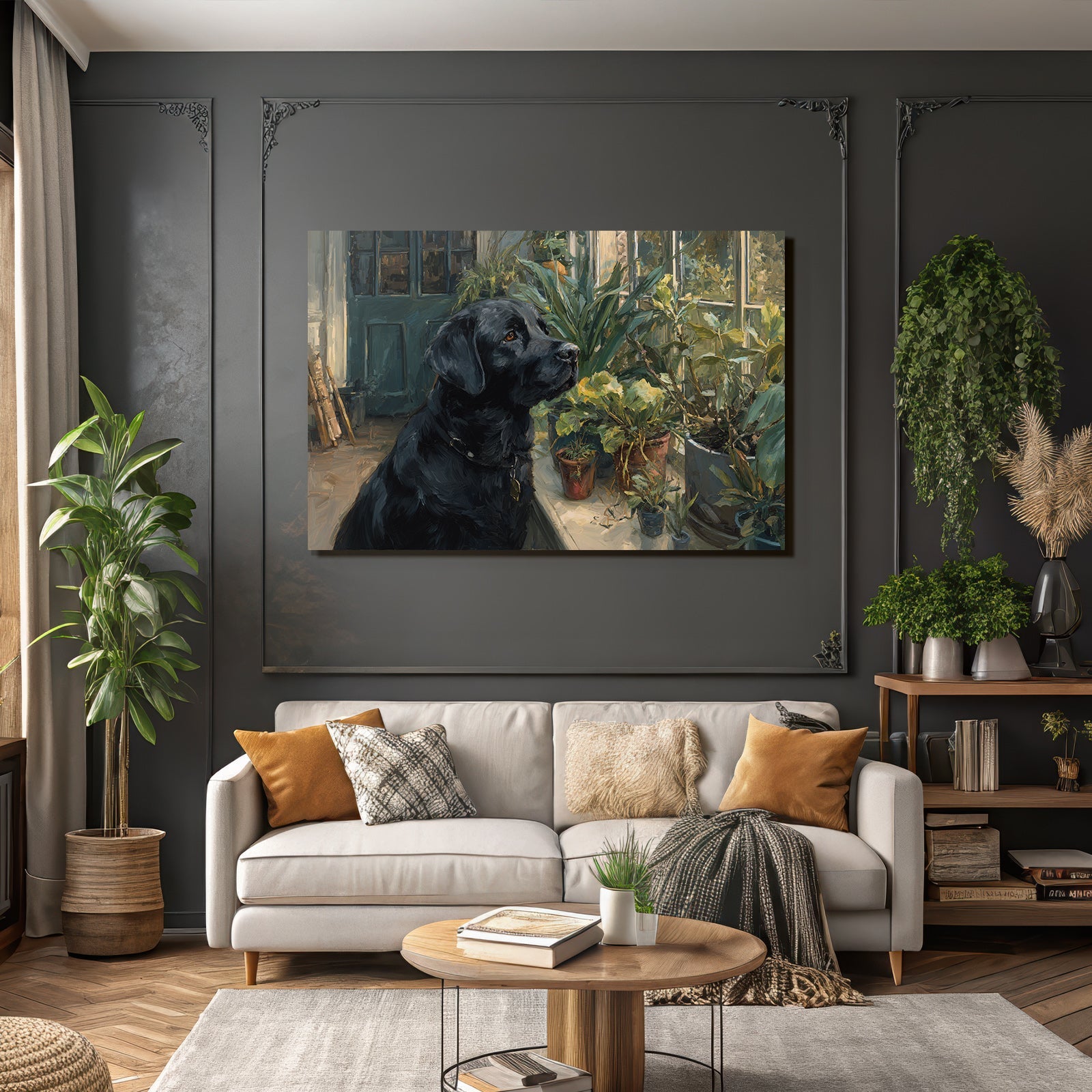 Schwarzer Hund Labrador Am Fenster Mit Innenpflanzen Ölgemälde