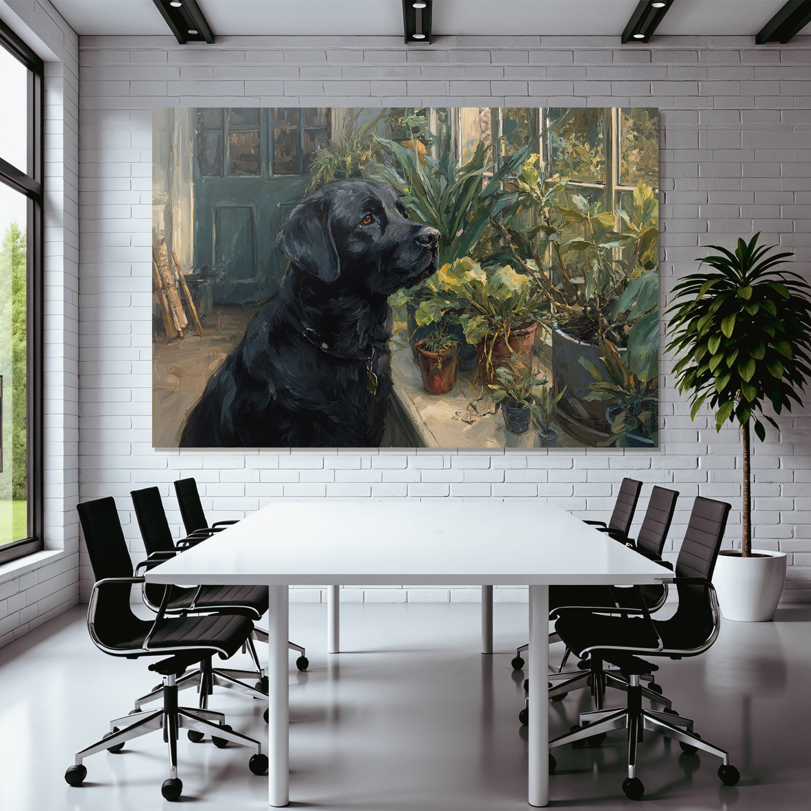 Schwarzer Hund Labrador Am Fenster Mit Innenpflanzen Ölgemälde