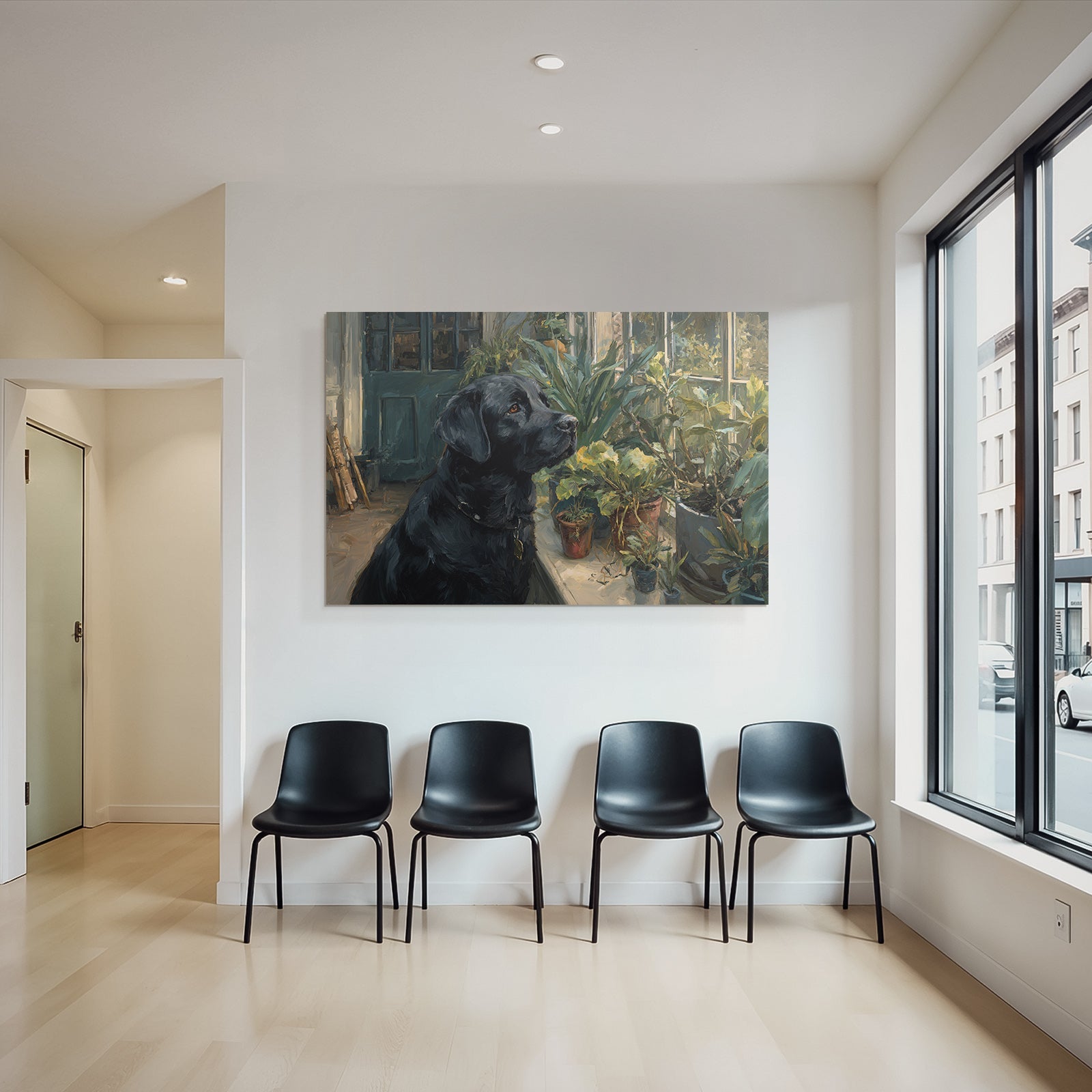 Schwarzer Hund Labrador Am Fenster Mit Innenpflanzen Ölgemälde