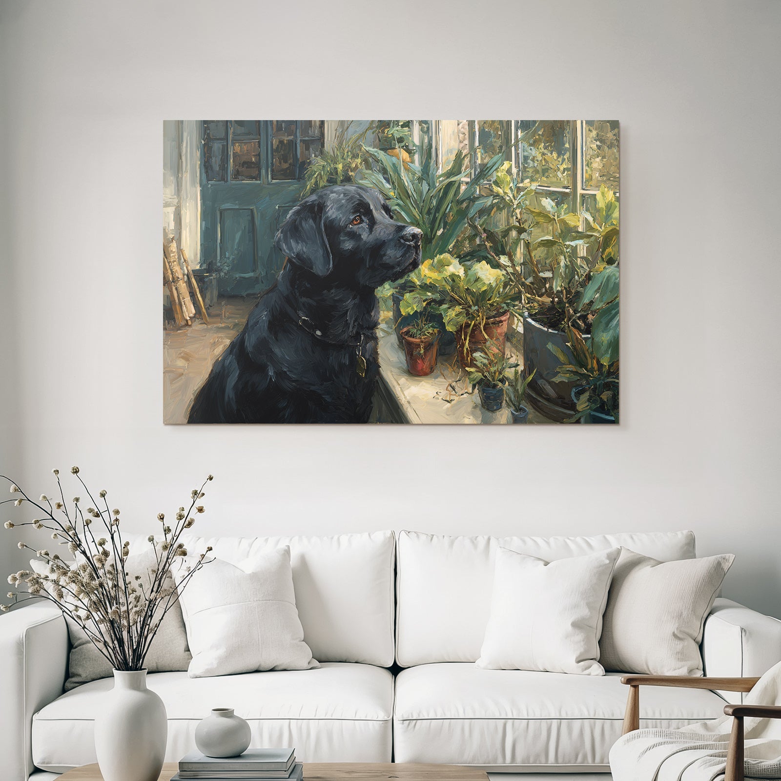 Schwarzer Hund Labrador Am Fenster Mit Innenpflanzen Ölgemälde
