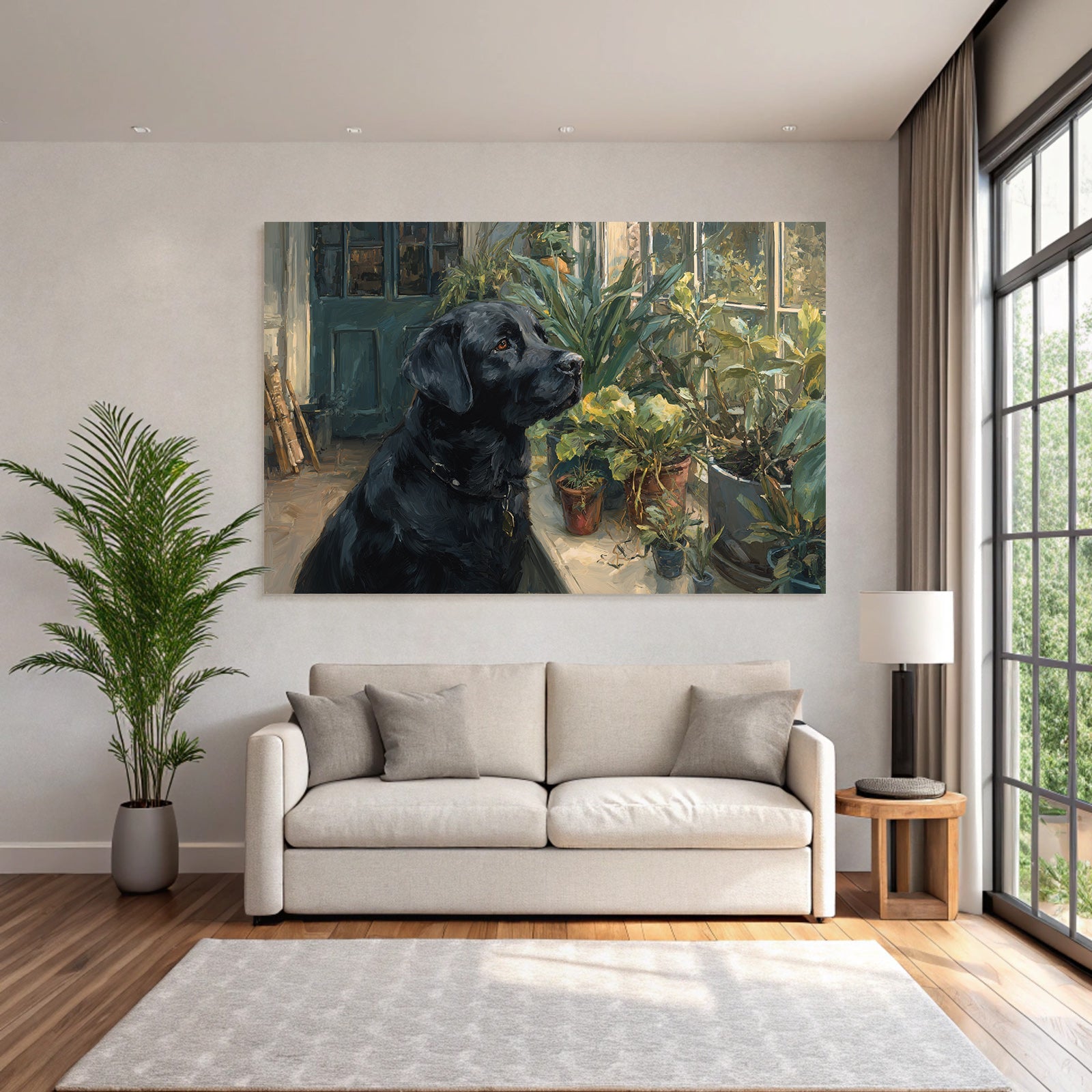 Schwarzer Hund Labrador Am Fenster Mit Innenpflanzen Ölgemälde