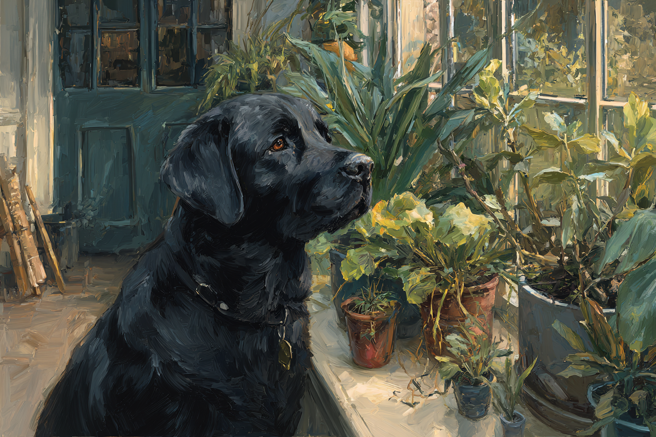 Schwarzer Hund Labrador Am Fenster Mit Innenpflanzen Ölgemälde | Katzen und Hunde | Tiere