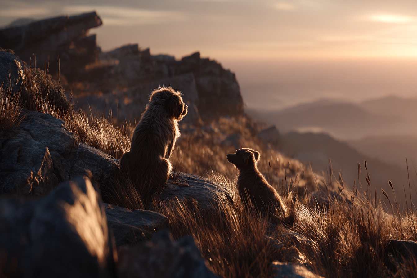 Sitzen Auf Felsen Im Sonnenuntergang Mit Blick Auf Berge | Katzen und Hunde | Tiere