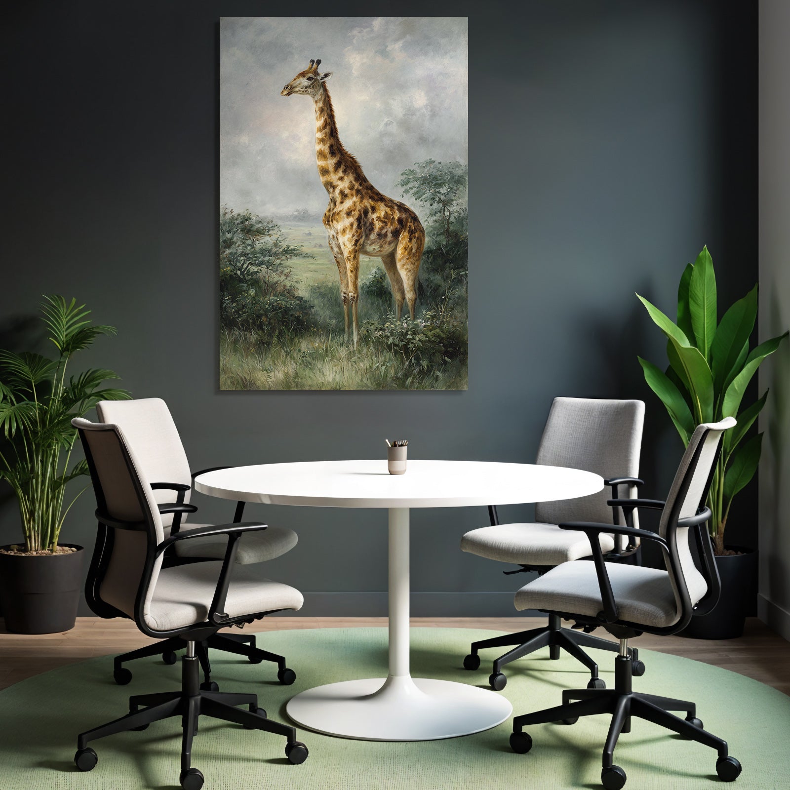 Giraffe in nature and green background with cloudy sky
