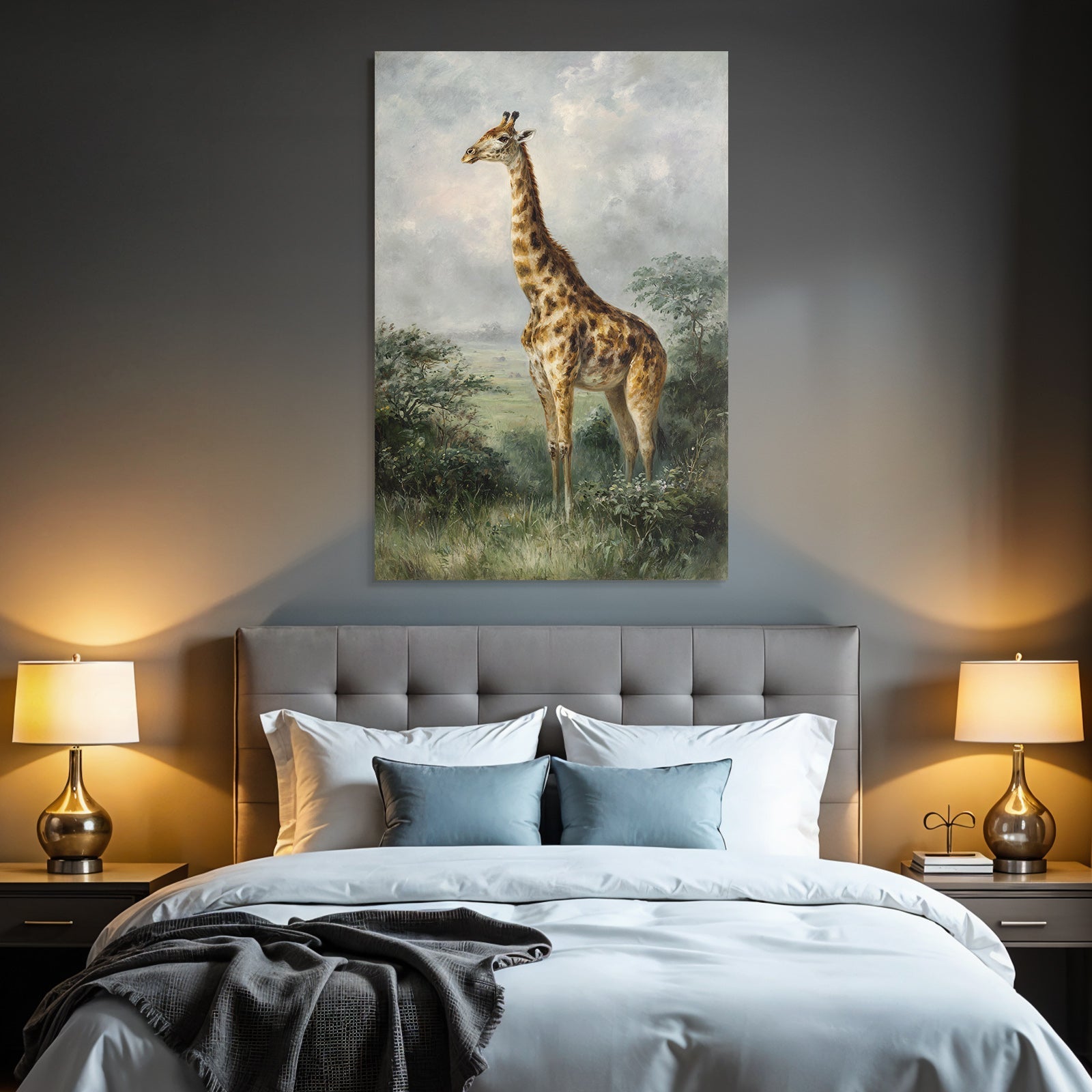 Giraffe in nature and green background with cloudy sky