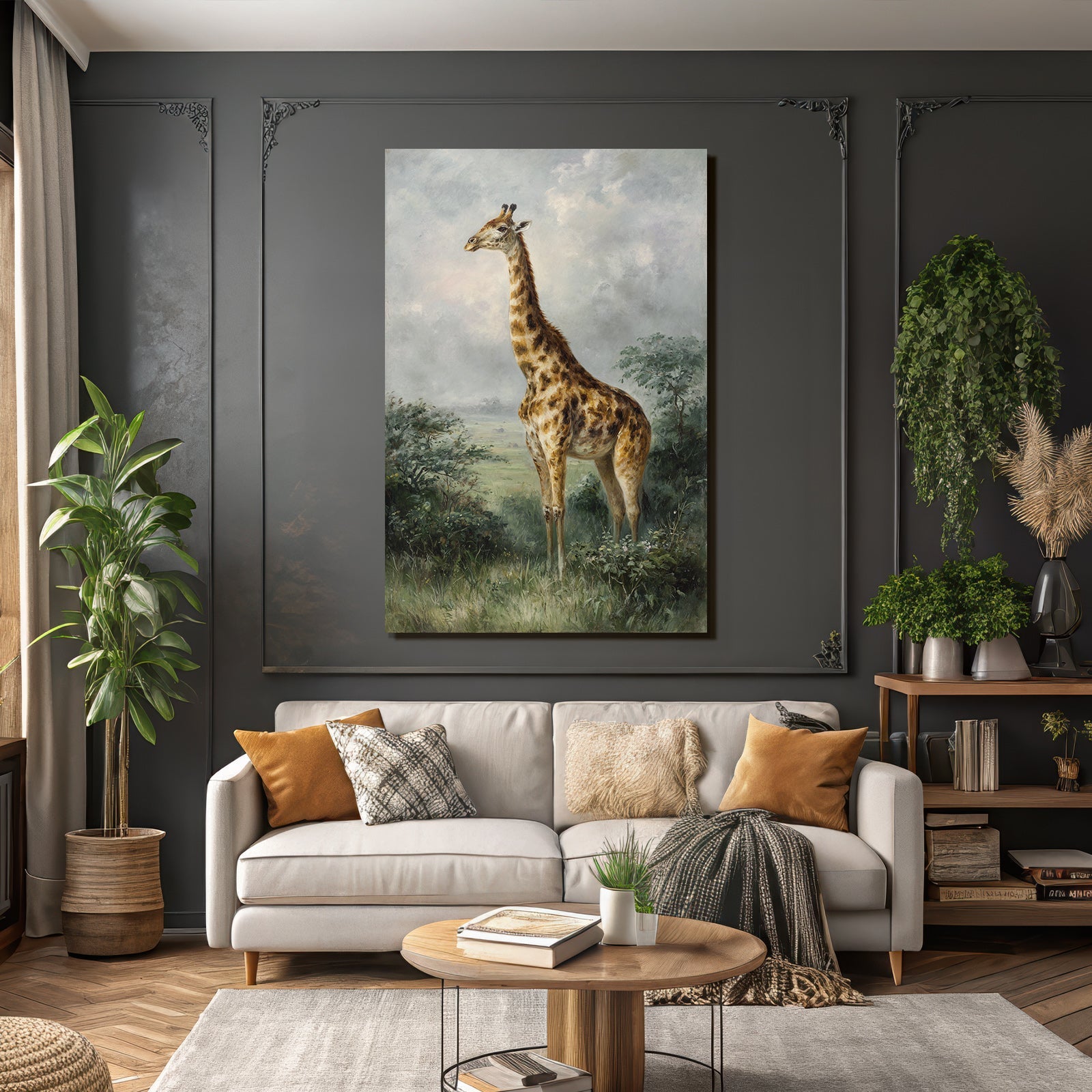 Giraffe in nature and green background with cloudy sky