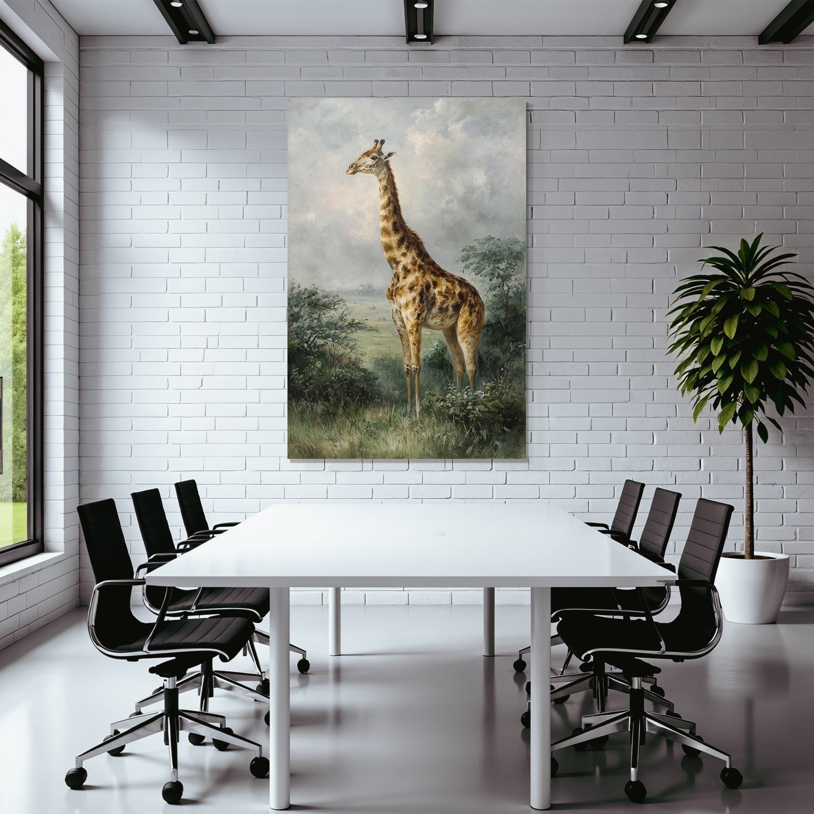 Giraffe in nature and green background with cloudy sky