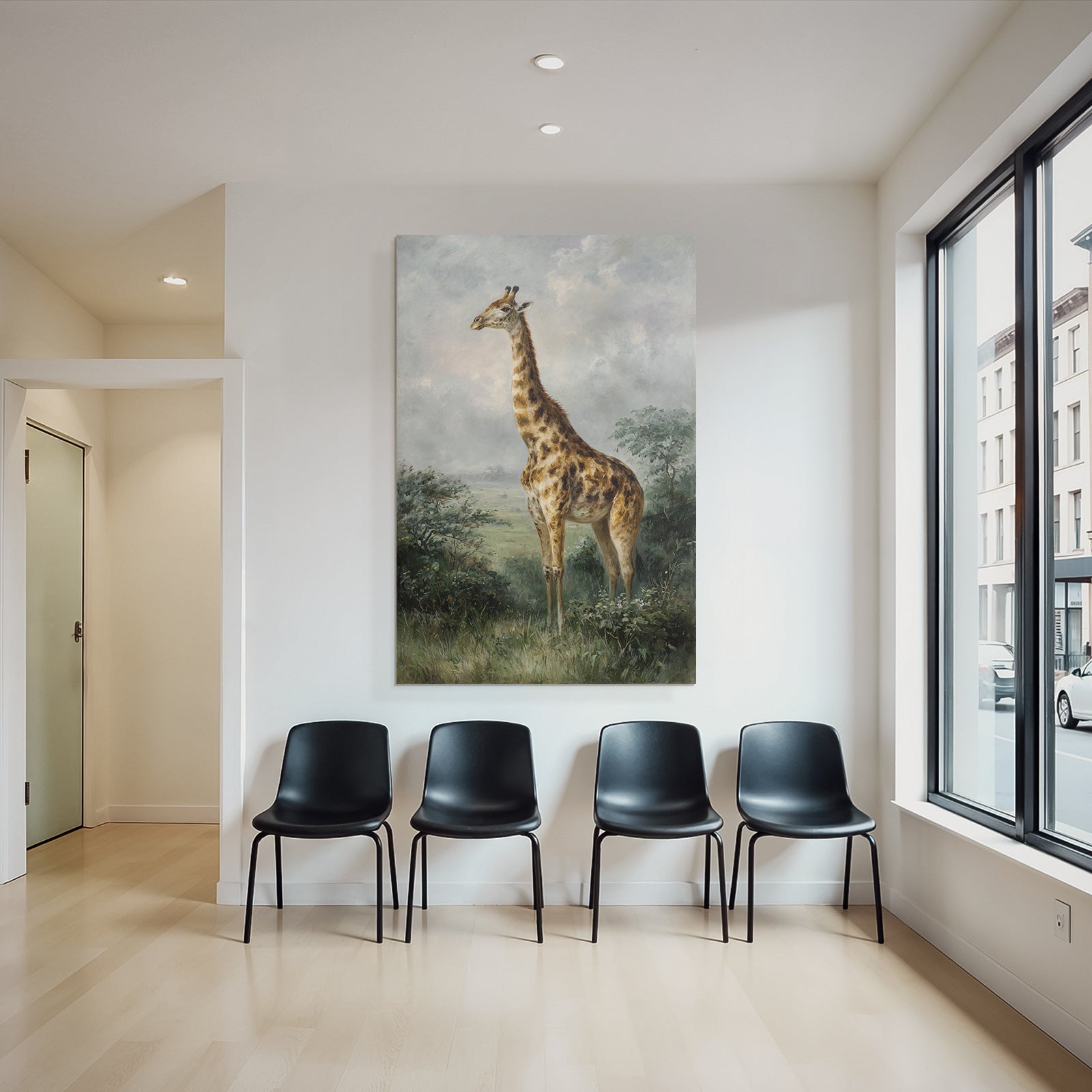 Giraffe in nature and green background with cloudy sky