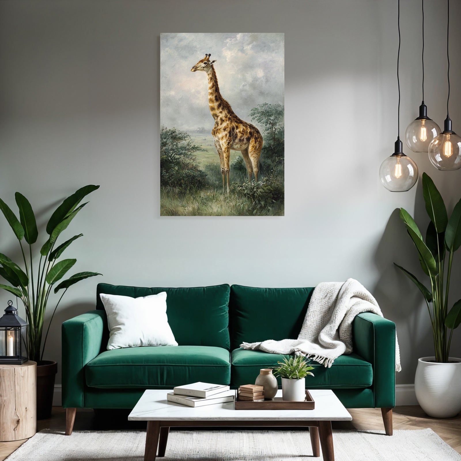 Giraffe in nature and green background with cloudy sky
