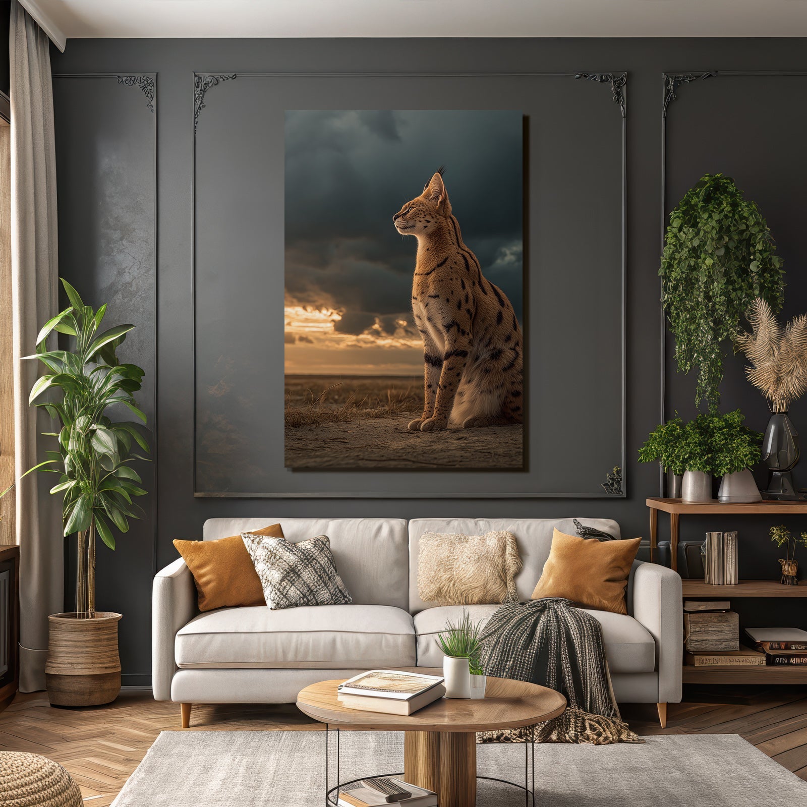 Serval In Der Savanne Mit Drama Gesamt Himmel