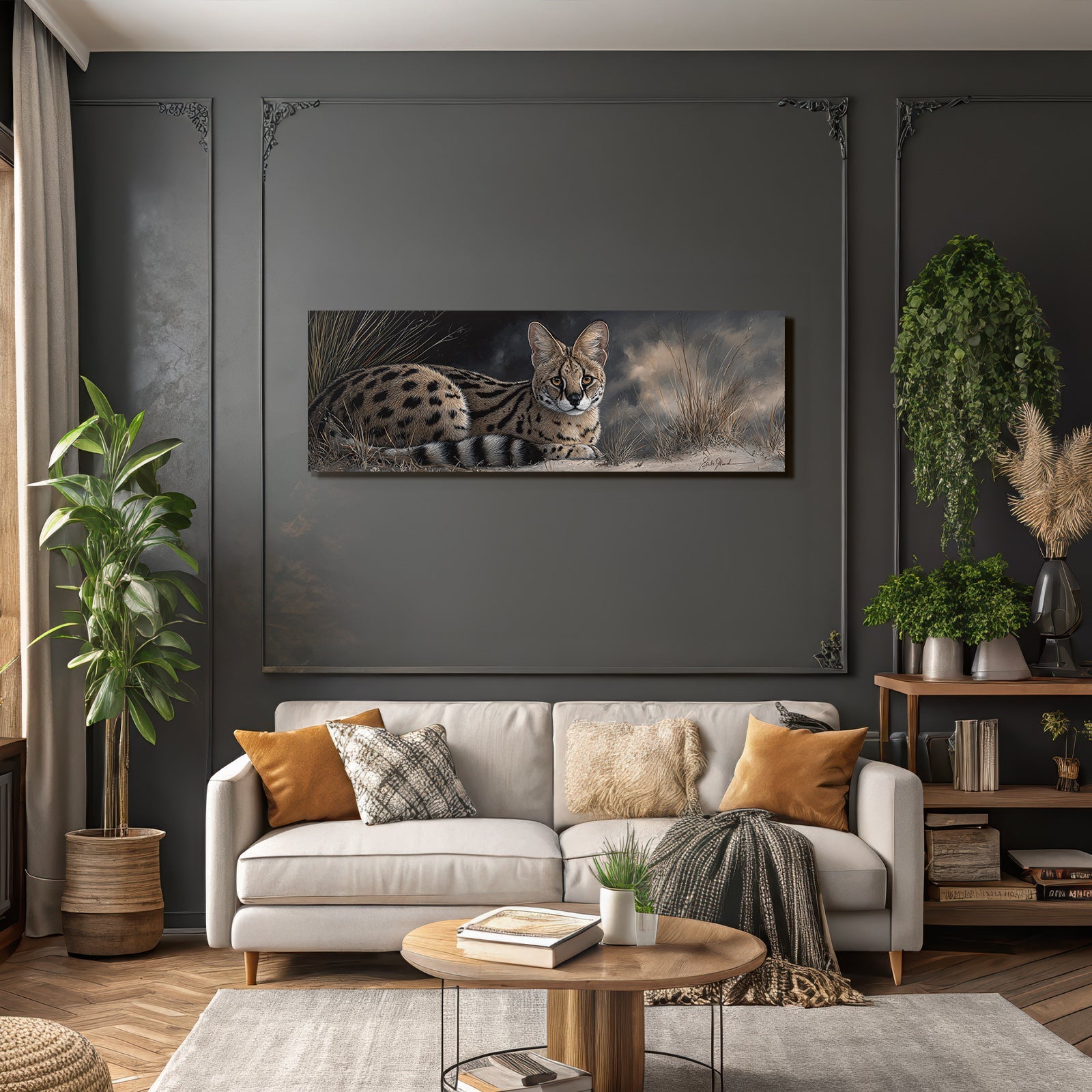 Serval Wildkatze Afrika Mit Gras Und Wolkigem Himmel Rendering