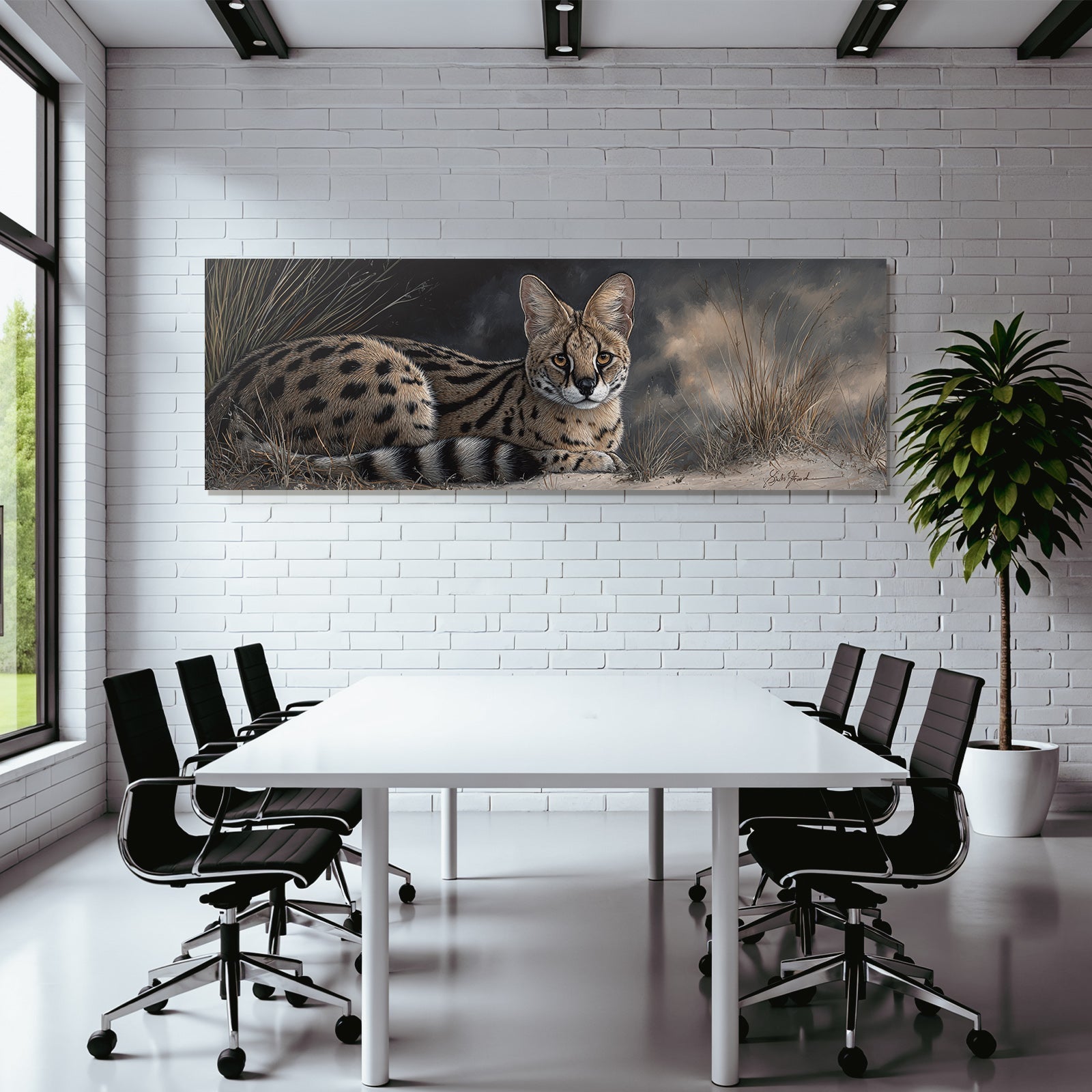 Serval Wildkatze Afrika Mit Gras Und Wolkigem Himmel Rendering