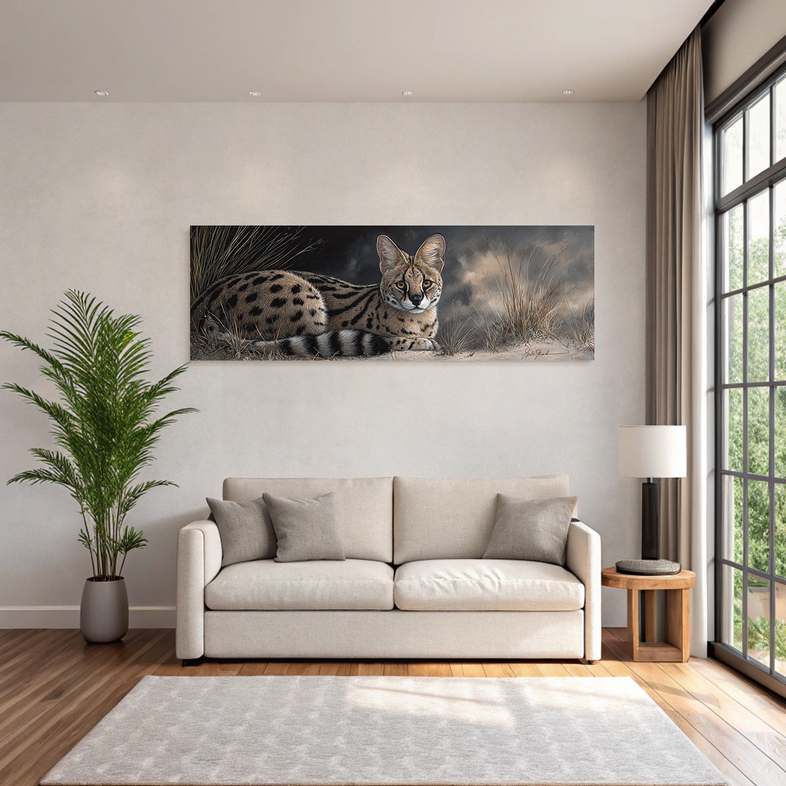 Serval Wildkatze Afrika Mit Gras Und Wolkigem Himmel Rendering