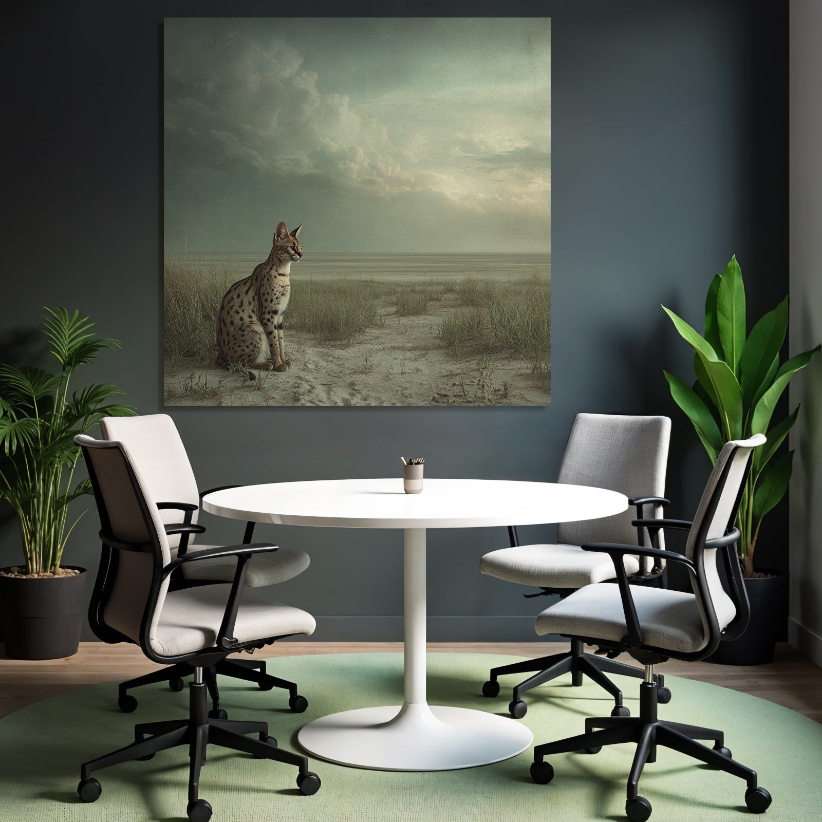 Serval Wildkatze Spottet Ruhelandschaft Savana Himmel Clouds