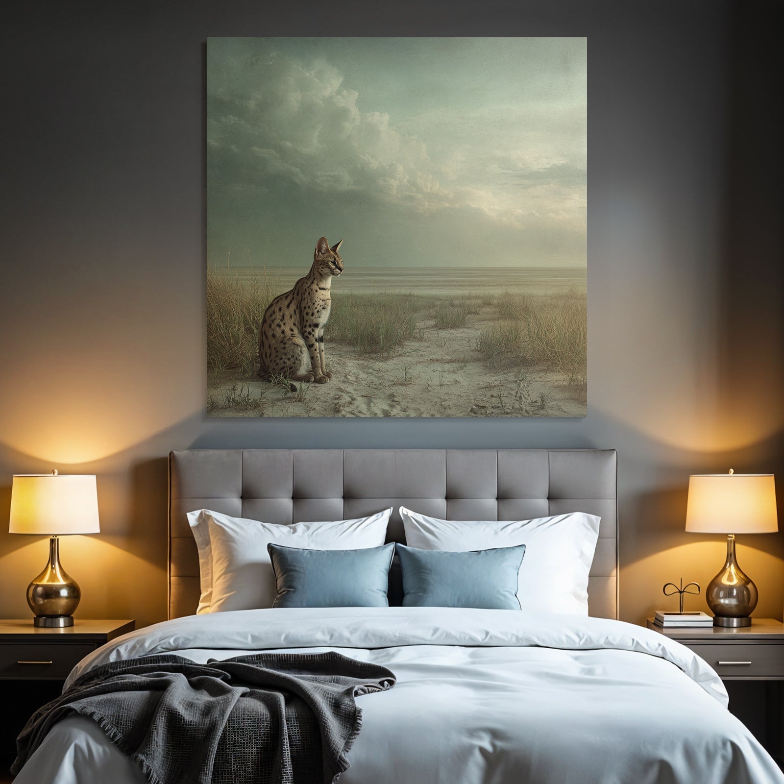 Serval Wildkatze Spottet Ruhelandschaft Savana Himmel Clouds