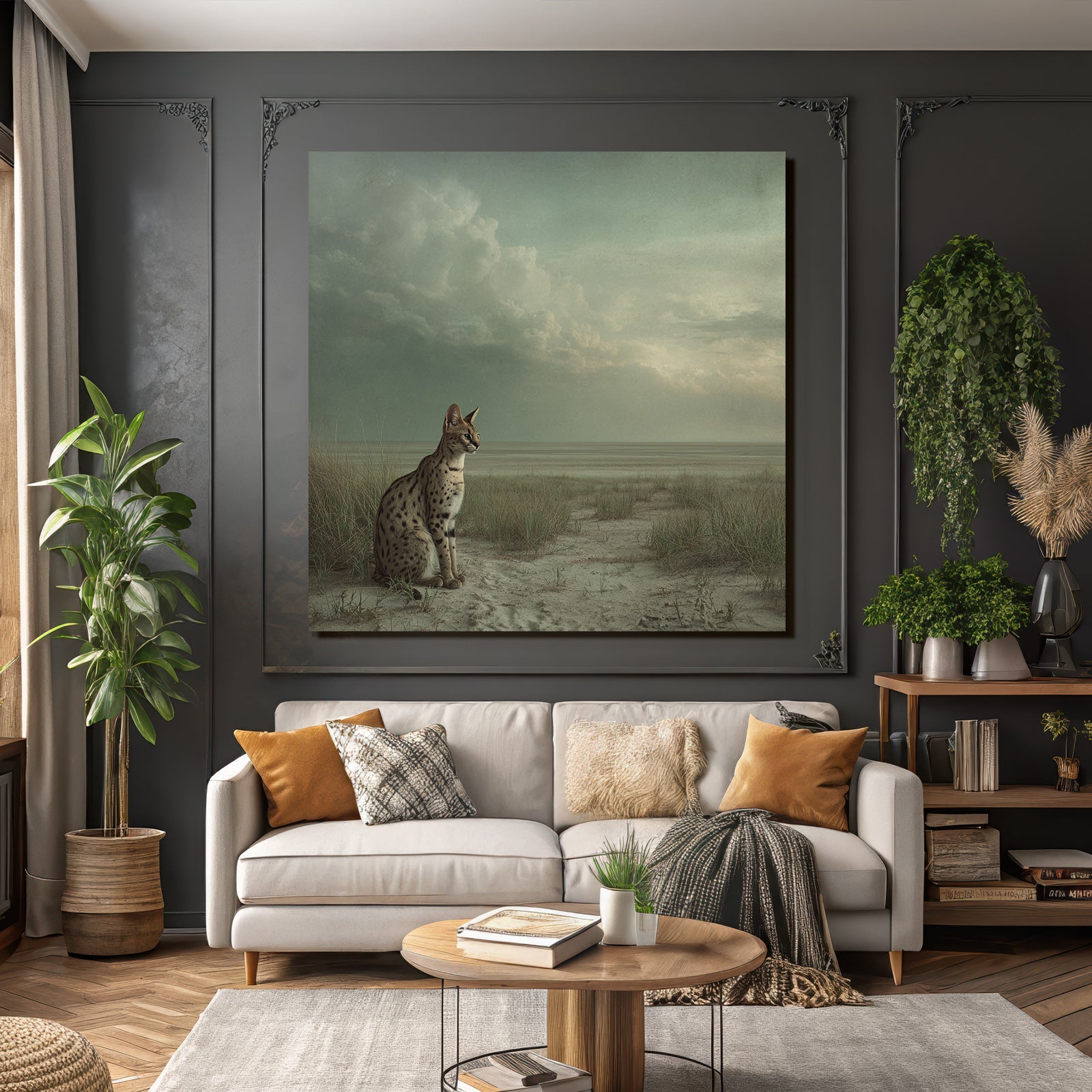 Serval Wildkatze Spottet Ruhelandschaft Savana Himmel Clouds