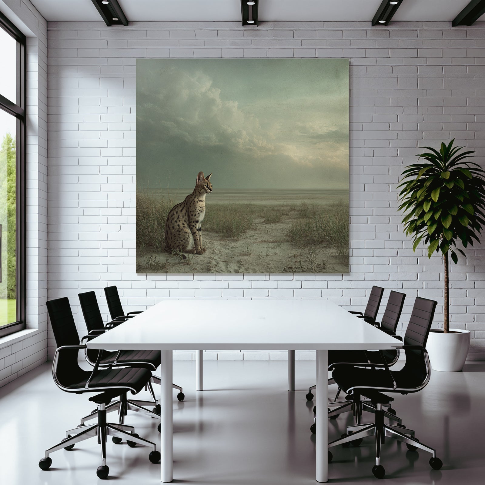 Serval Wildkatze Spottet Ruhelandschaft Savana Himmel Clouds