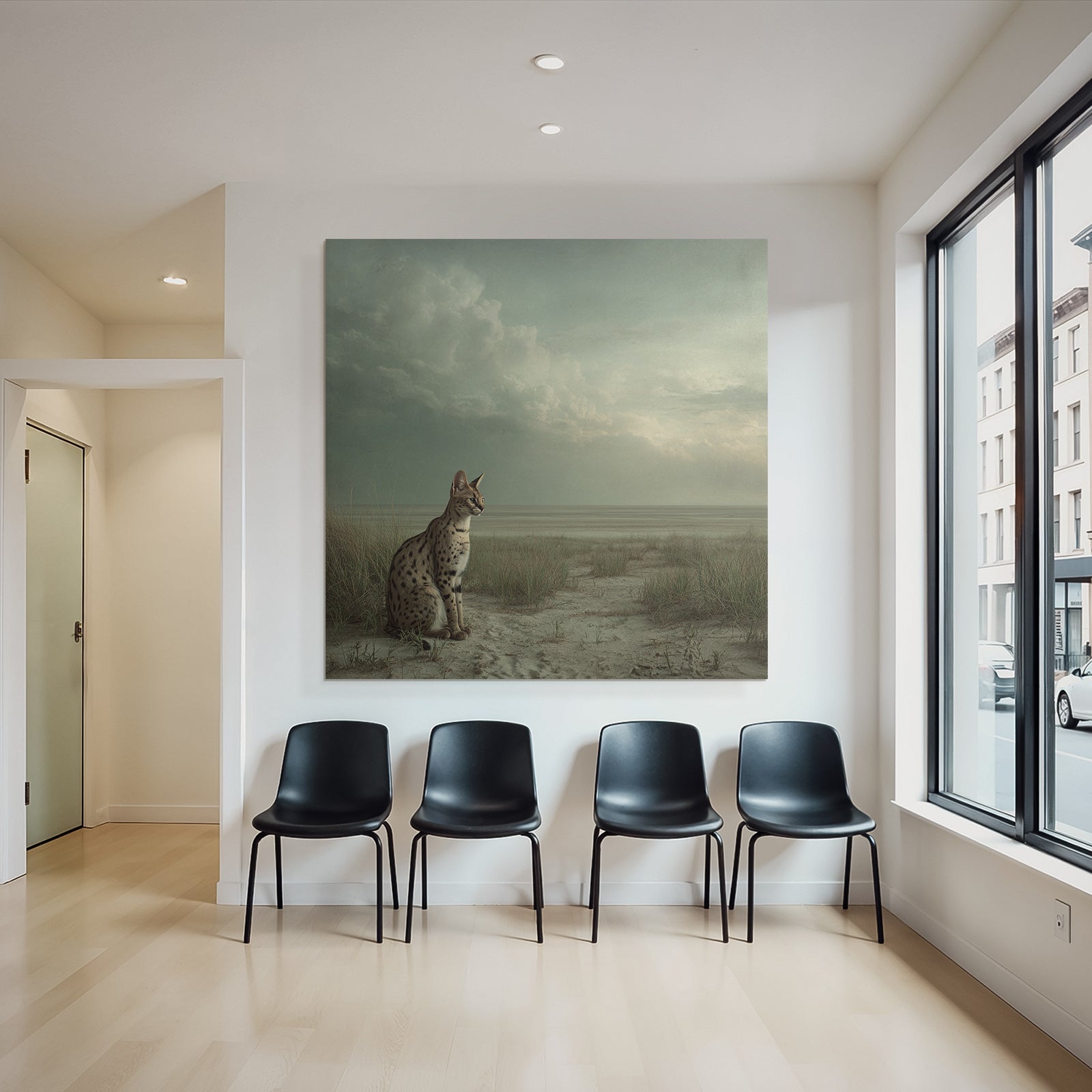 Serval Wildkatze Spottet Ruhelandschaft Savana Himmel Clouds