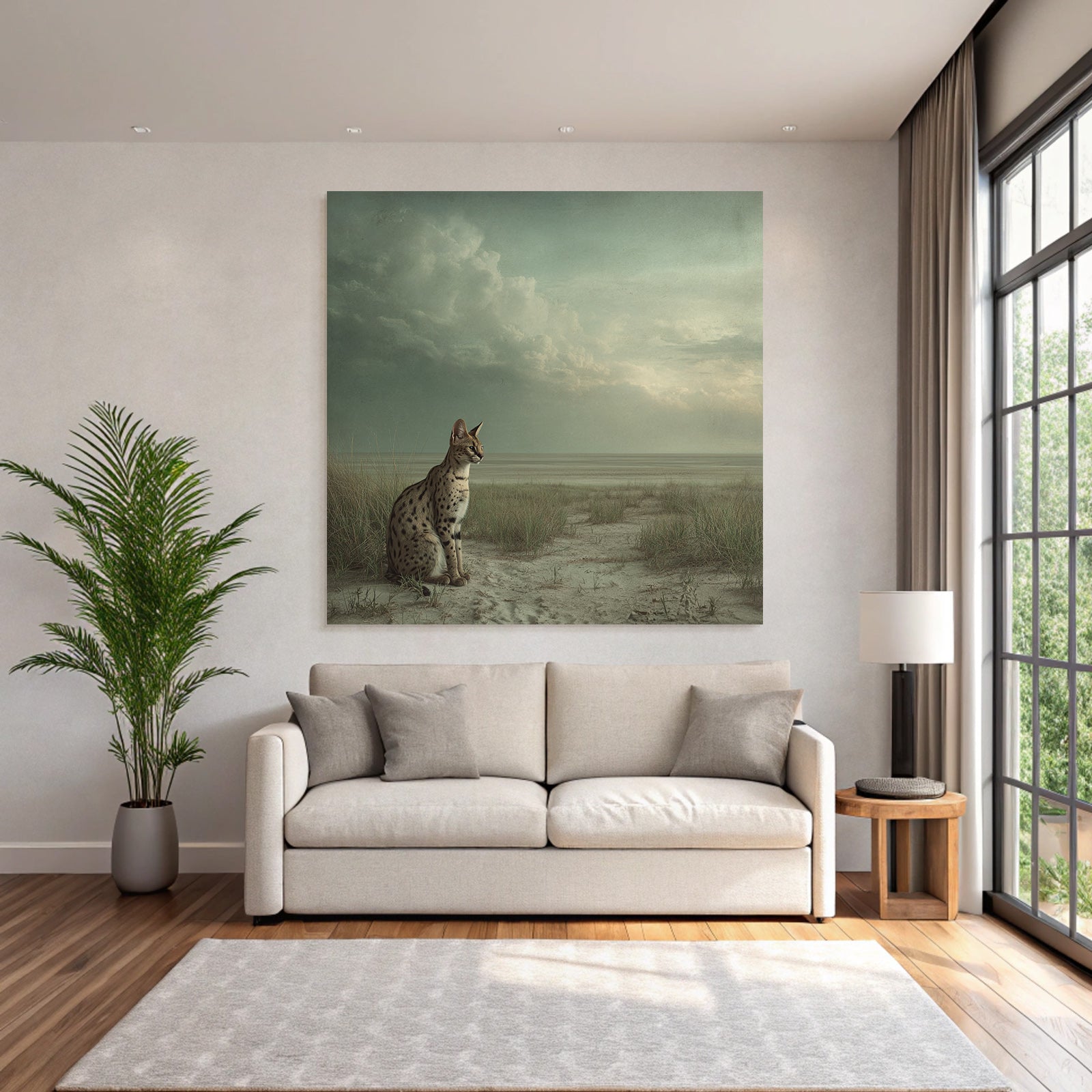 Serval Wildkatze Spottet Ruhelandschaft Savana Himmel Clouds