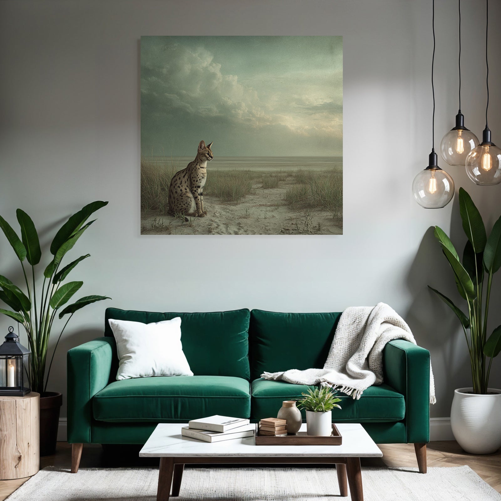 Serval Wildkatze Spottet Ruhelandschaft Savana Himmel Clouds