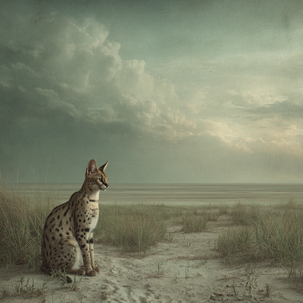 Serval Wildkatze Spottet Ruhelandschaft Savana Himmel Clouds | Safari und Wildtiere | Tiere