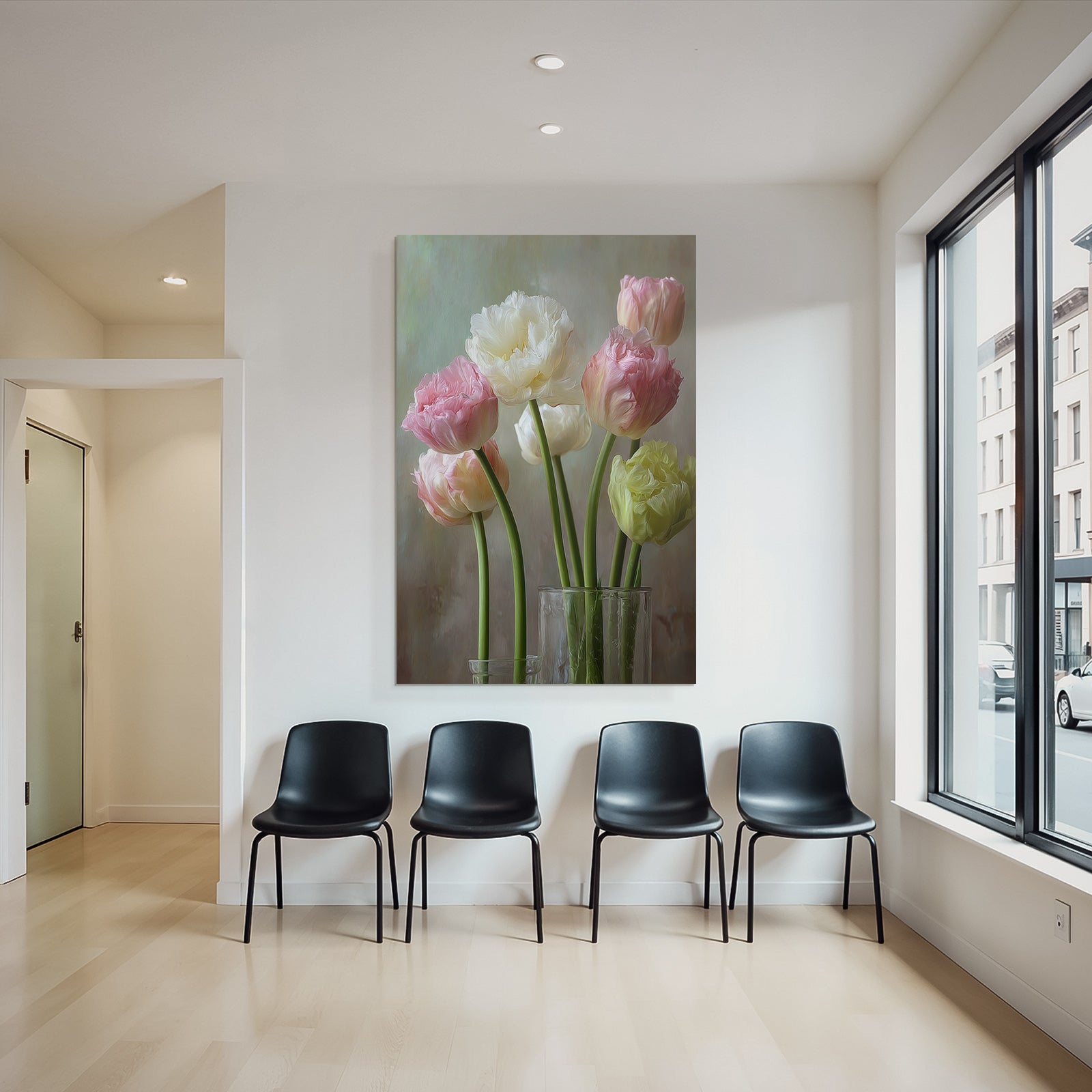 Strauss Von Zarten Frühlings Tulpen In Glasvasen