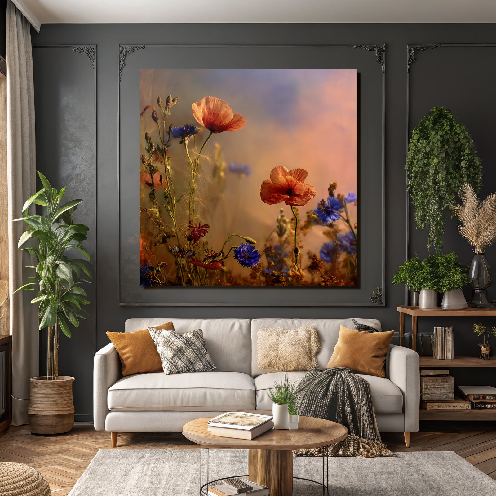 Serenes Arrangement Mit Orangen Mohn Und Blaün Korn