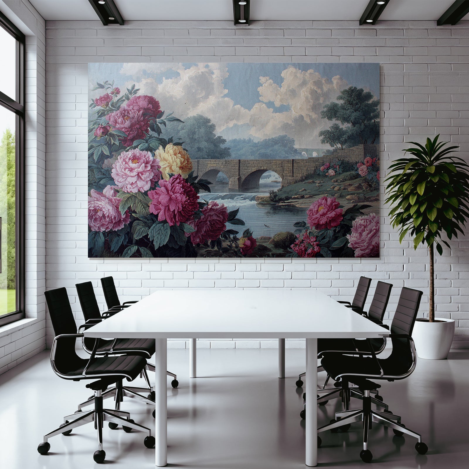 Stone Bridge Picturesque Landscape With Peonies